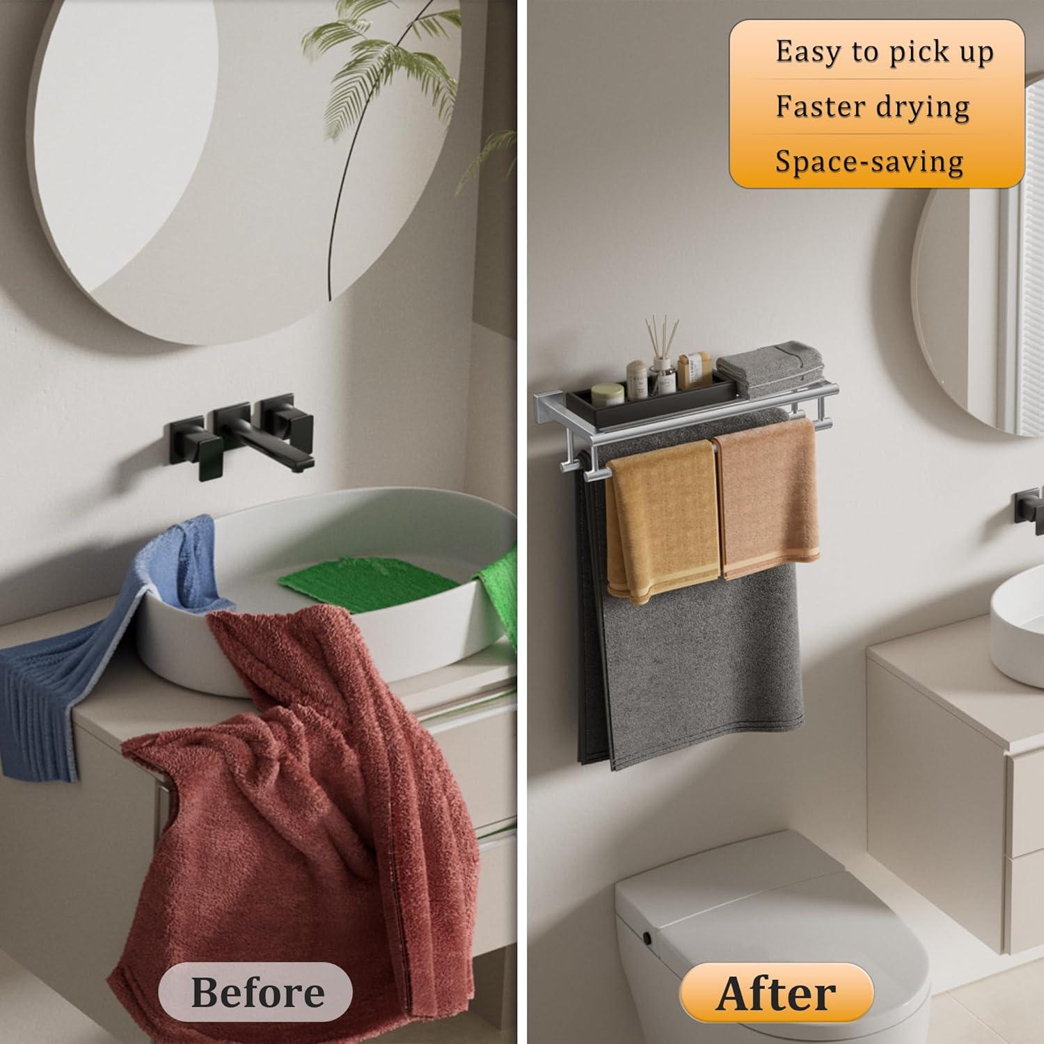 2-Tier 20" Wall Mounted Stainless Steel Bathroom Towel Rack With 2 Towel Bars Round Rods