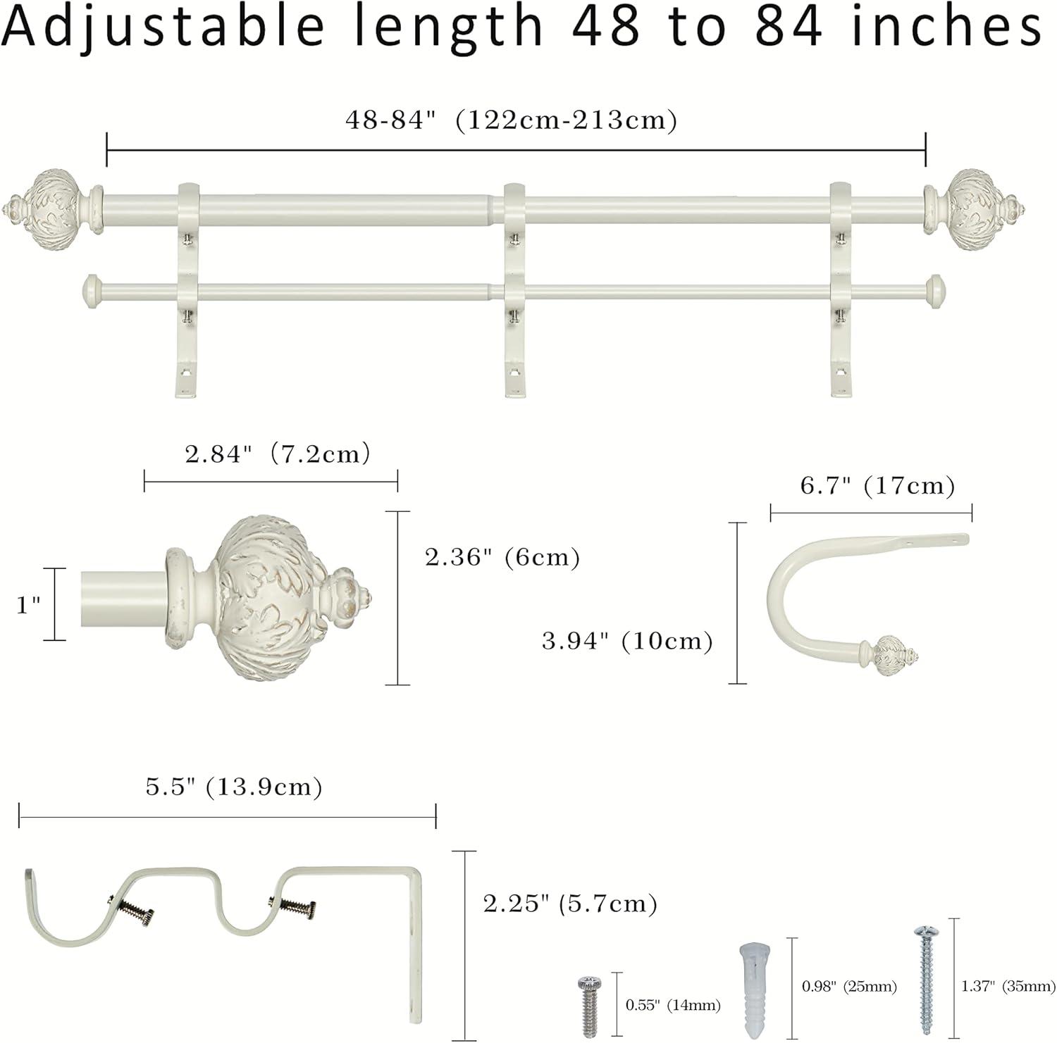 eTeckram 1" Curtain Rod with Albert Finials - 48" to 84", Weathered White