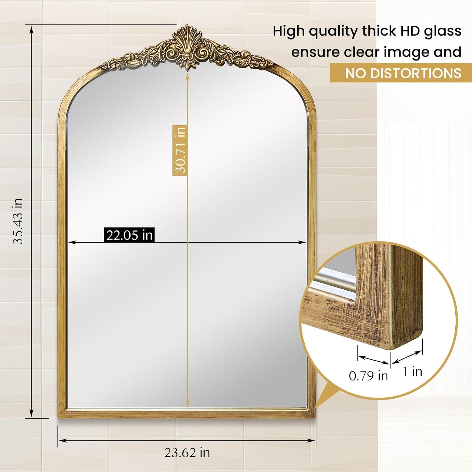 BohoBliss 24"X36" Gold Vintage Mirror for Wall, Antique Arch Mirror, Victorian Ornate Baroque Mirror for Wall, Mantel, Fireplace, Living Room, Hallway, Bathroom, Bedroom, Entryway