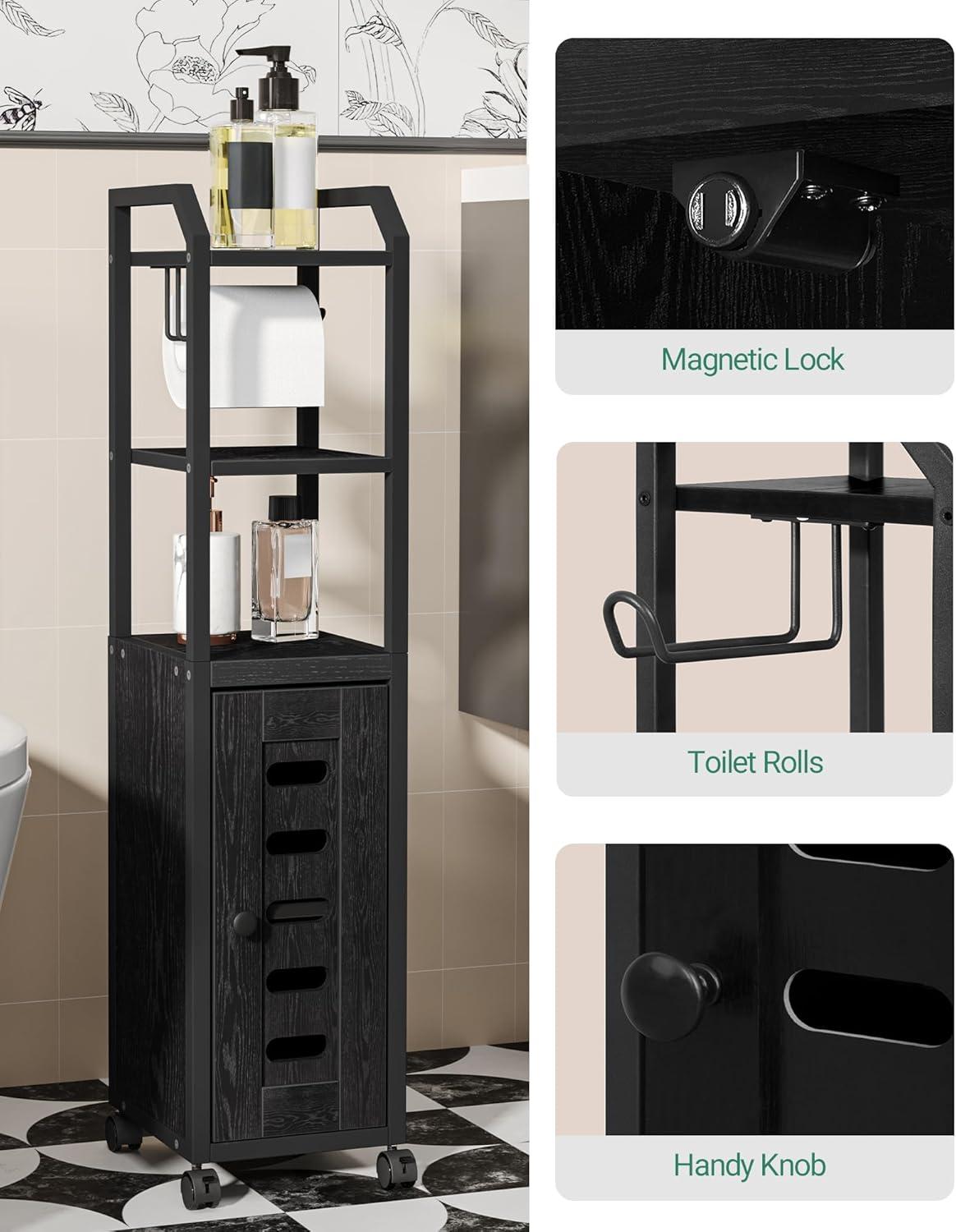 Black Compact Bathroom Storage Cabinet with Adjustable Shelf and Wheels