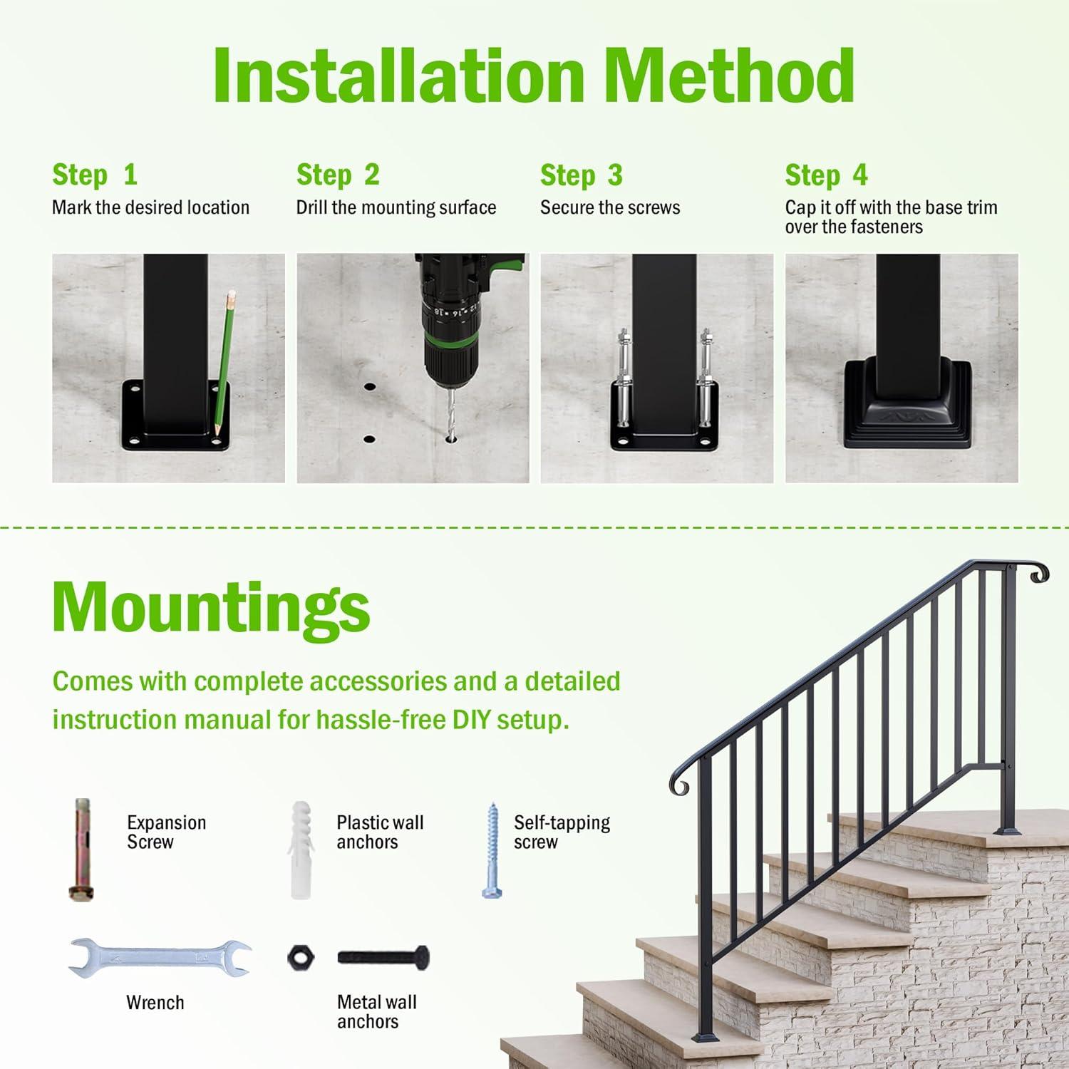 2 Pack 5 Step Handrails for Outdoor Steps, Wrought Iron Stair Railing Fits 4 or 5 Steps, Metal Hand Rail with Installation Kit, Staircase Handrails for Concrete, Porch, Deck, Exterior Steps, Black