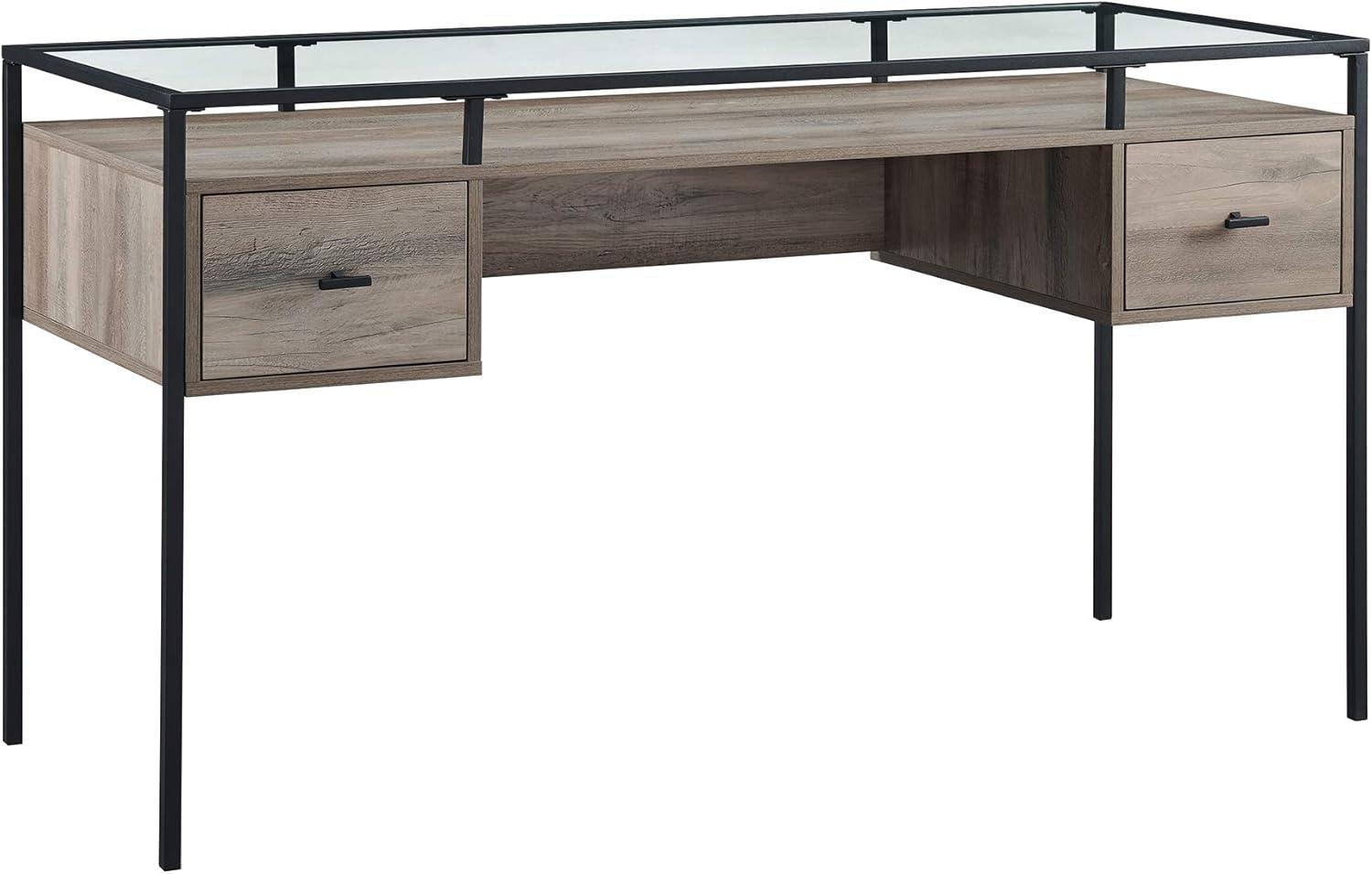 Fulton 56" 2-Drawer Lifted Tempered Glass Top Desk in Gray Wash