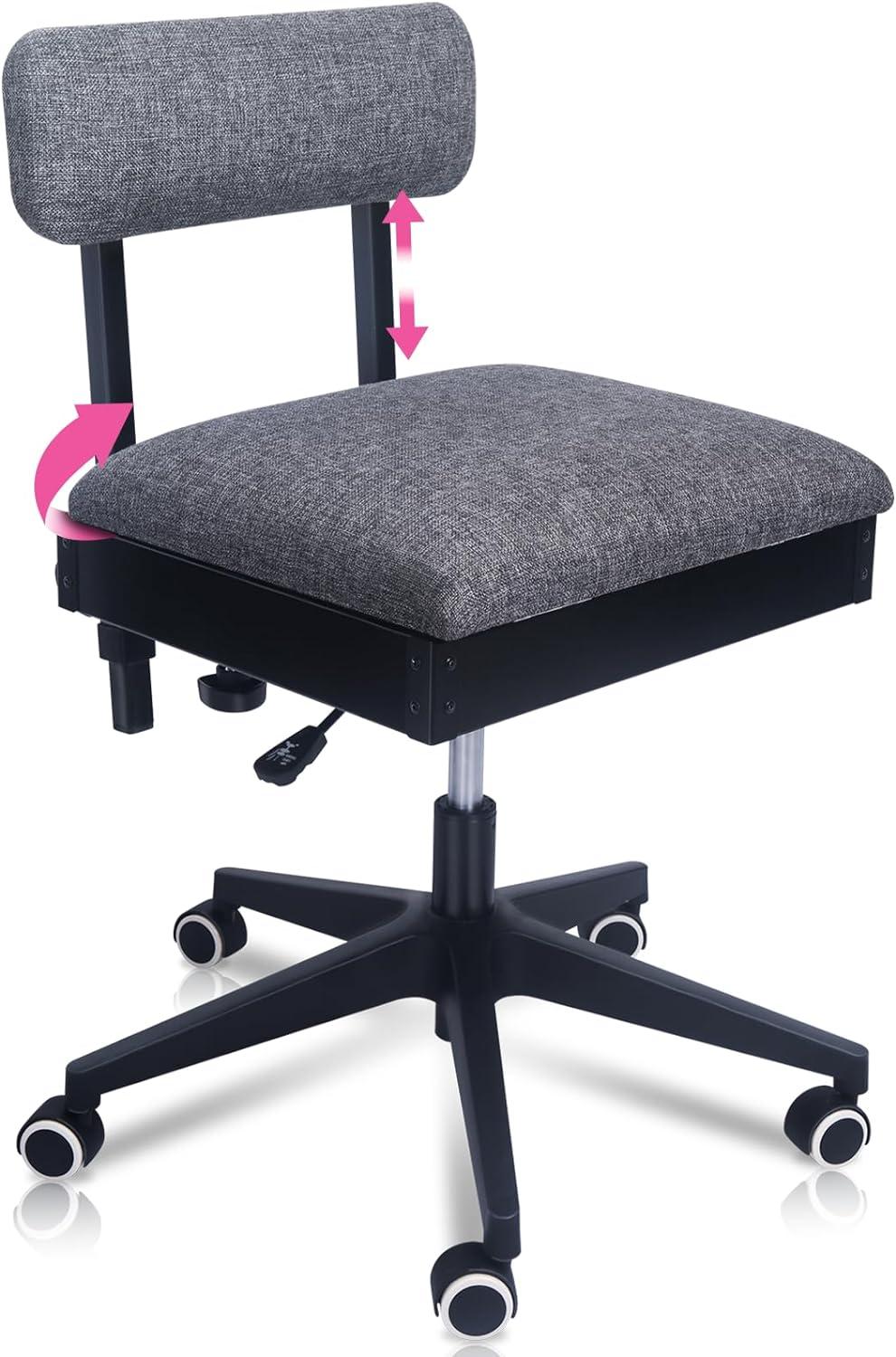Pink Power Hydraulic Sewing Chair with Wheels and Adjustable Back Support - Armless Chair for Sewing, Crafting