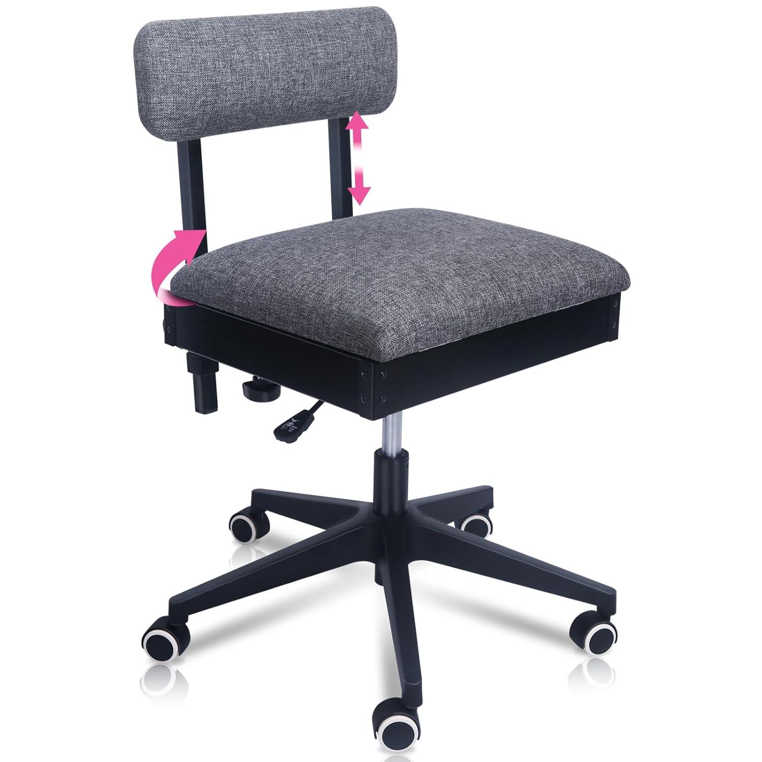 Pink Power Hydraulic Sewing Chair with Wheels and Adjustable Back Support - Armless Chair for Sewing, Crafting