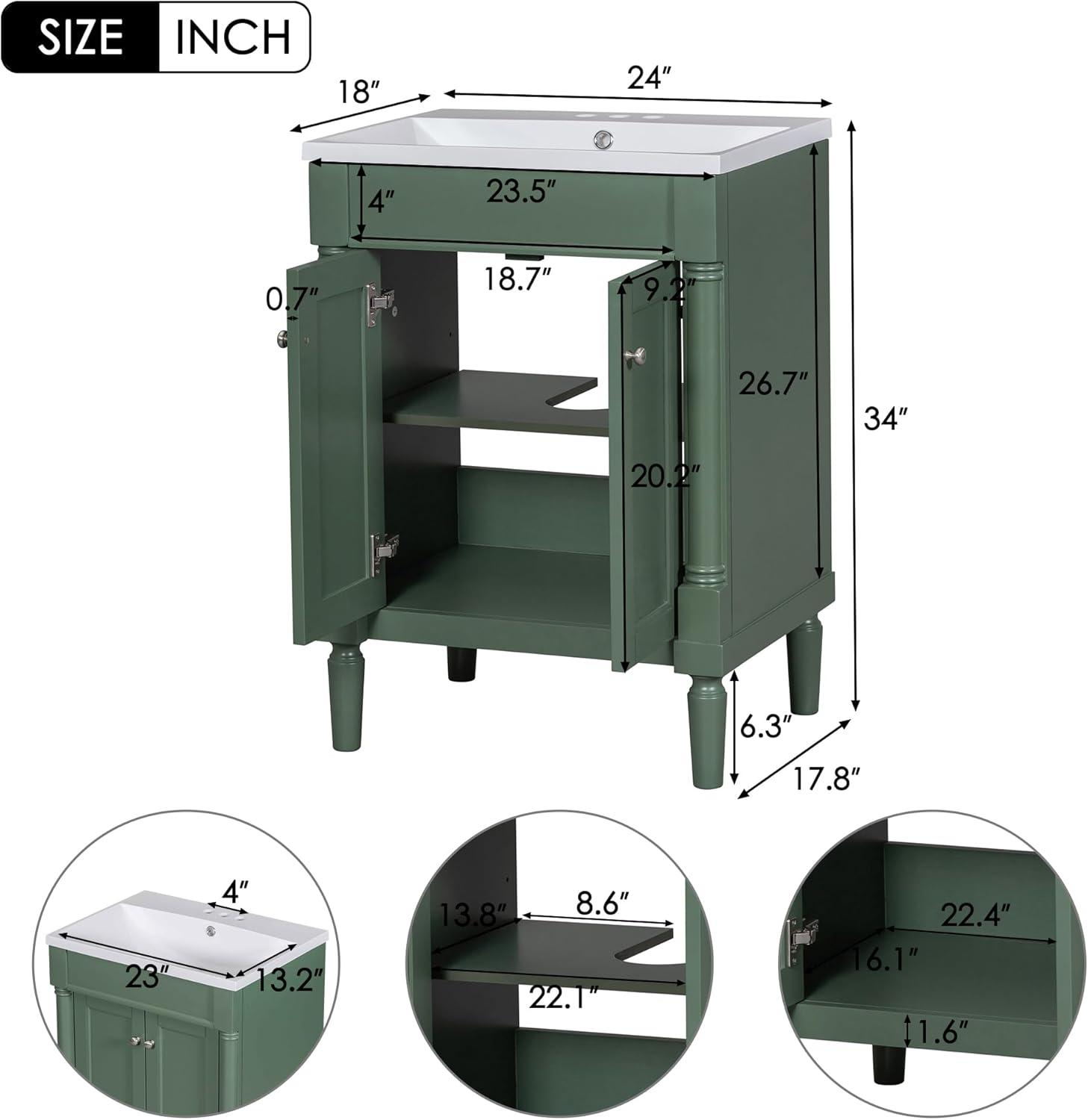 Green Shaker Style Bathroom Vanity with Tempered Glass Top