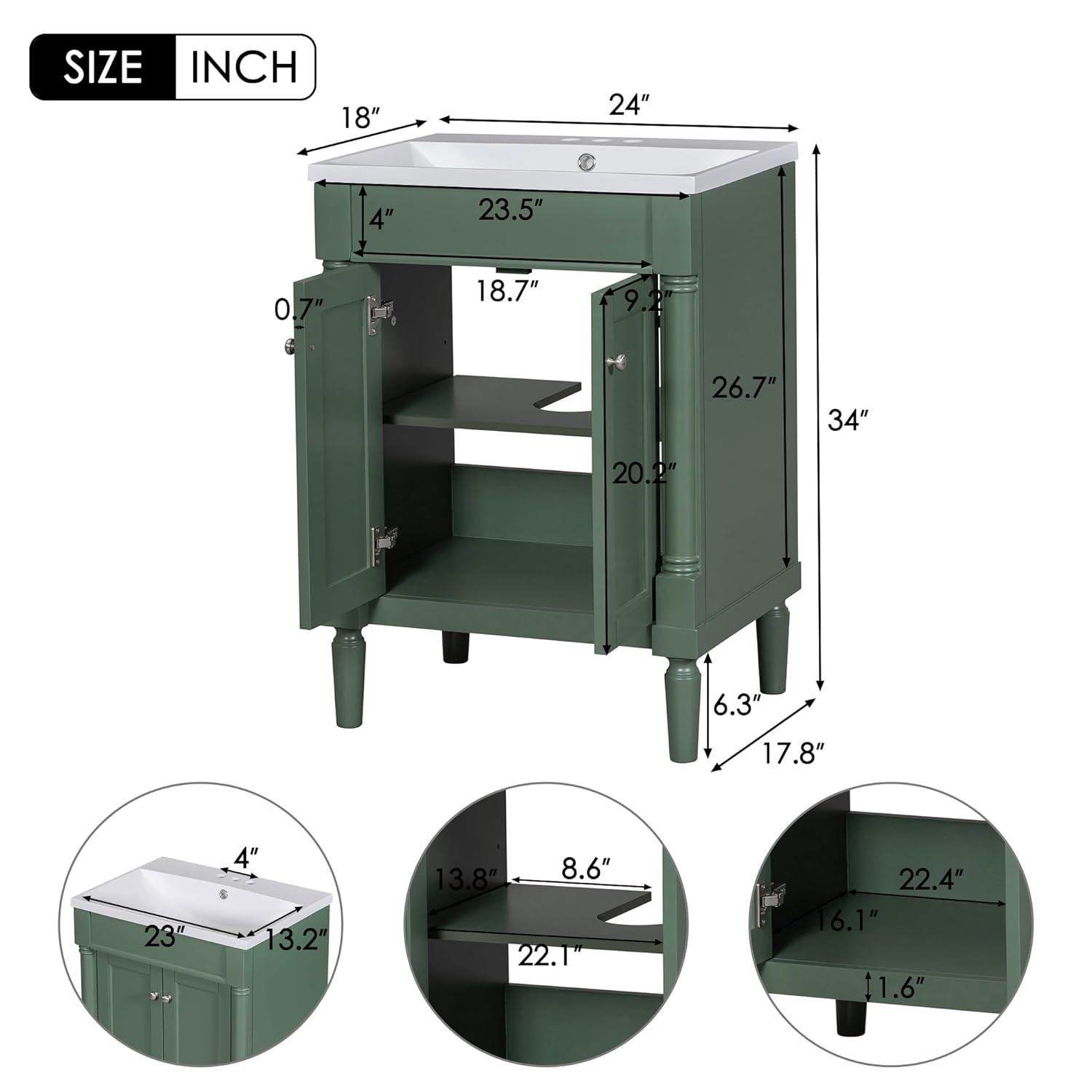 Green Shaker Style Bathroom Vanity with Tempered Glass Top