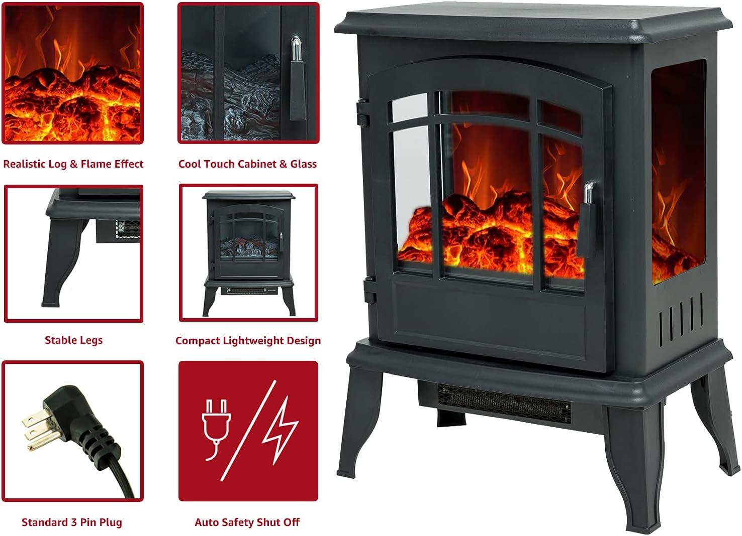 Black 23" Freestanding Electric Fireplace Stove with Remote