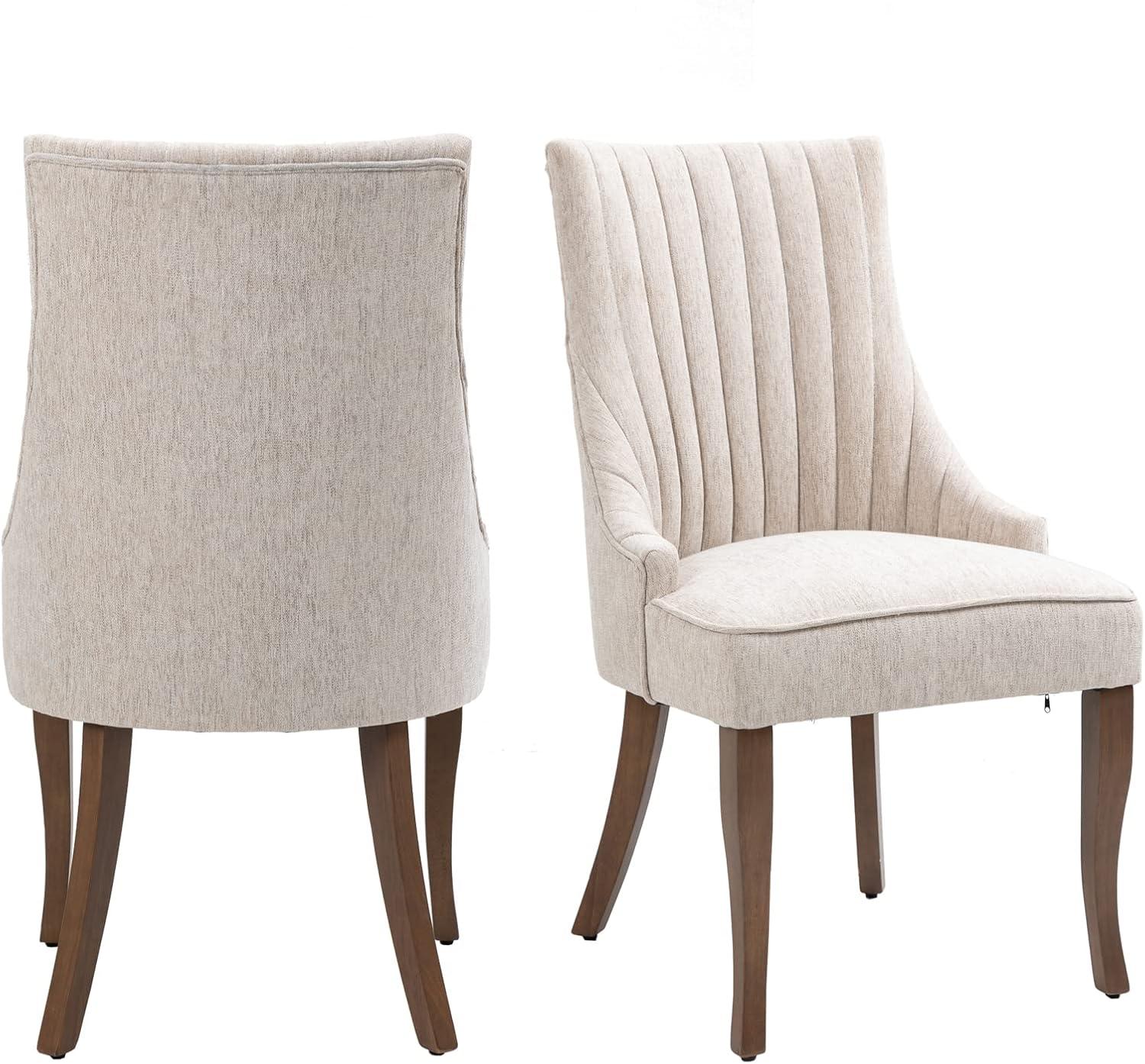 Beige High Back Linen Upholstered Side Chair with Wood Legs