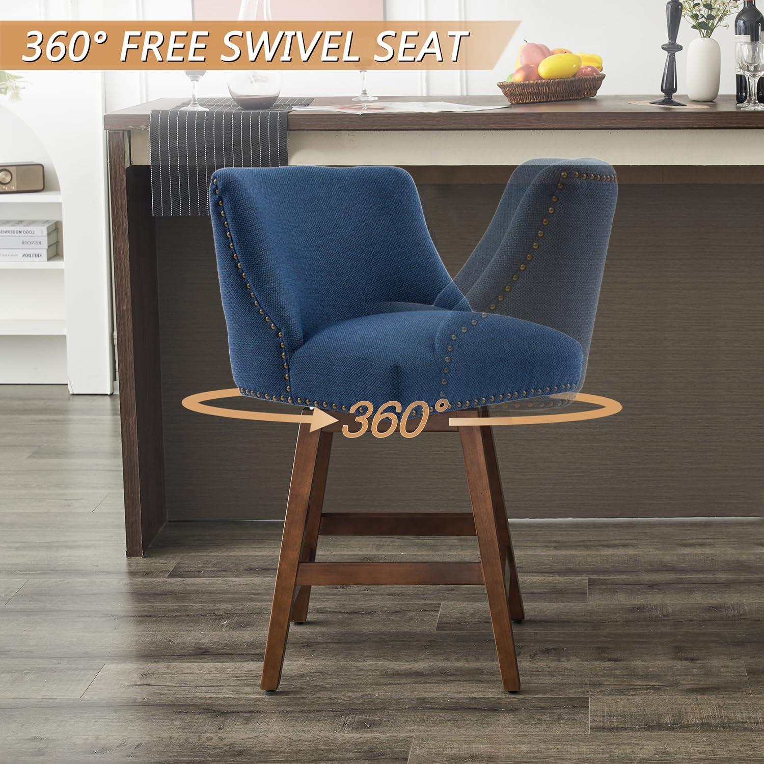 26" Swivel Bar Stools Set of 2, Modern Linen Fabric Counter Stools with Backs and Nail Head Design, Upholstered Barstools with Wood Frame for Kitchen Island, Beige