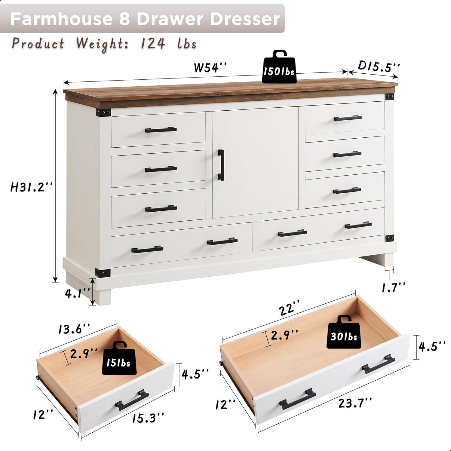 OKD Farmhouse 8 Drawer Dresser for Bedroom with Adjustable Shelf, Wood Long Chest of Drawers with Thick Plank Styling, Rustic Large Closet Dresser for Bedroom, Living Room, Antique White