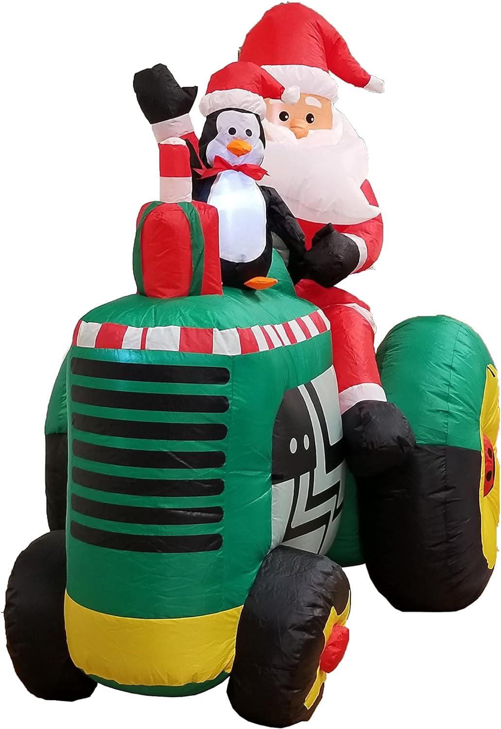 5.3 Foot Inflatable Santa Claus on Tractor with Penguin and LED Lights