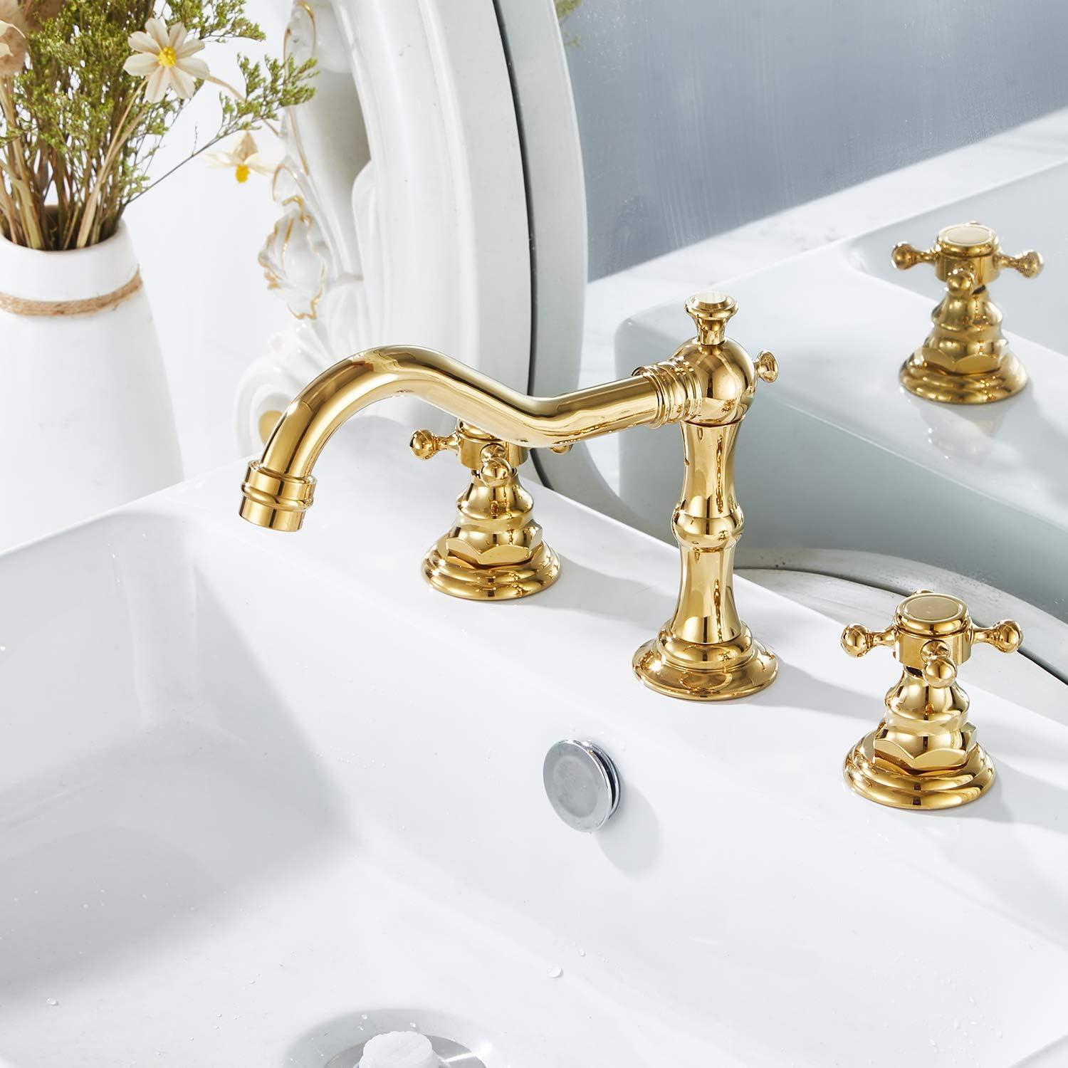 GGStudy 8-16 inch Two Handles 3 Holes Widespread Bathroom Sink Faucet Gold Basin Mixer Tap Faucet Matching Metal Pop Up Drain with Overflow