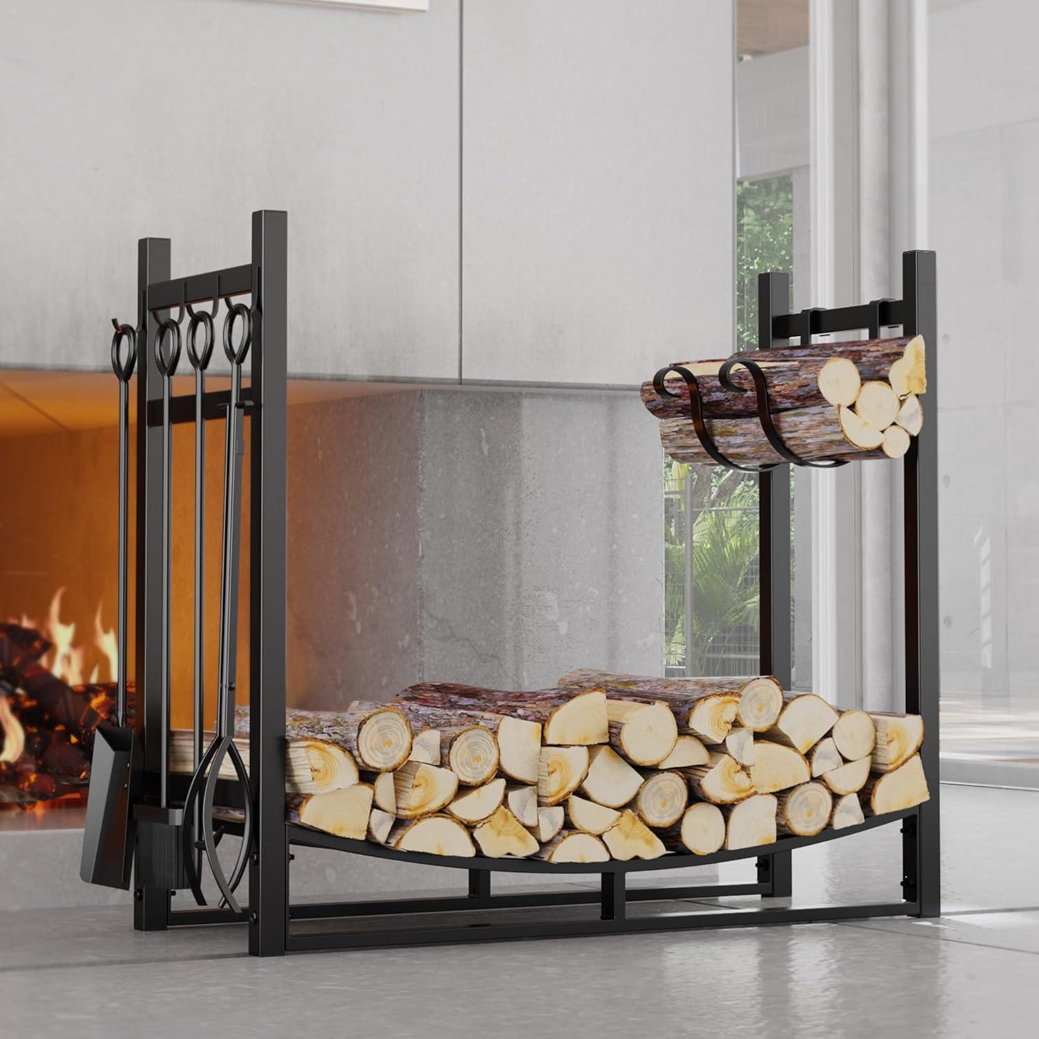 Black Steel Fireplace Log Rack with Kindling Holder and Tools