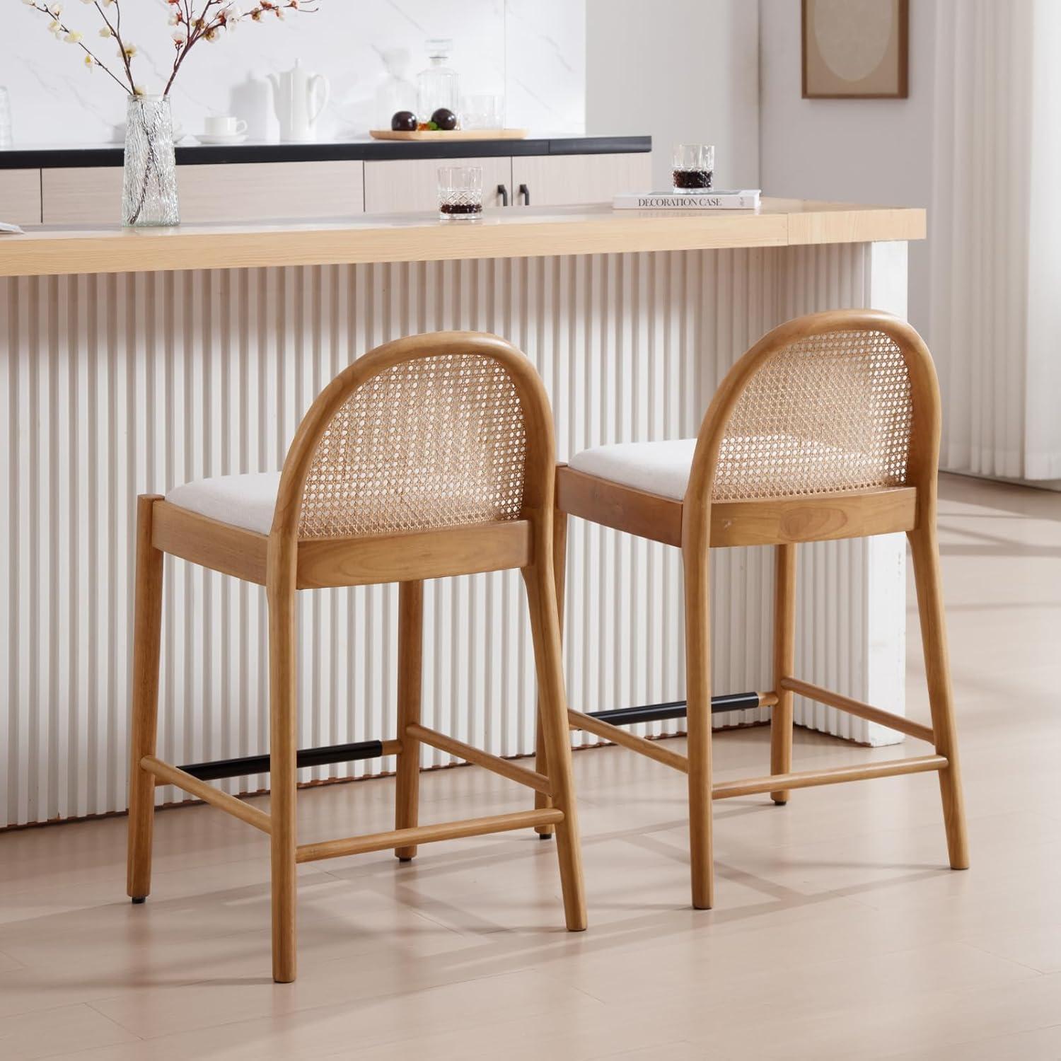 Emington Modern Bar Stools Counter Height Bar Stools with Rattan Backrests and Wood Frame (Set of 2)