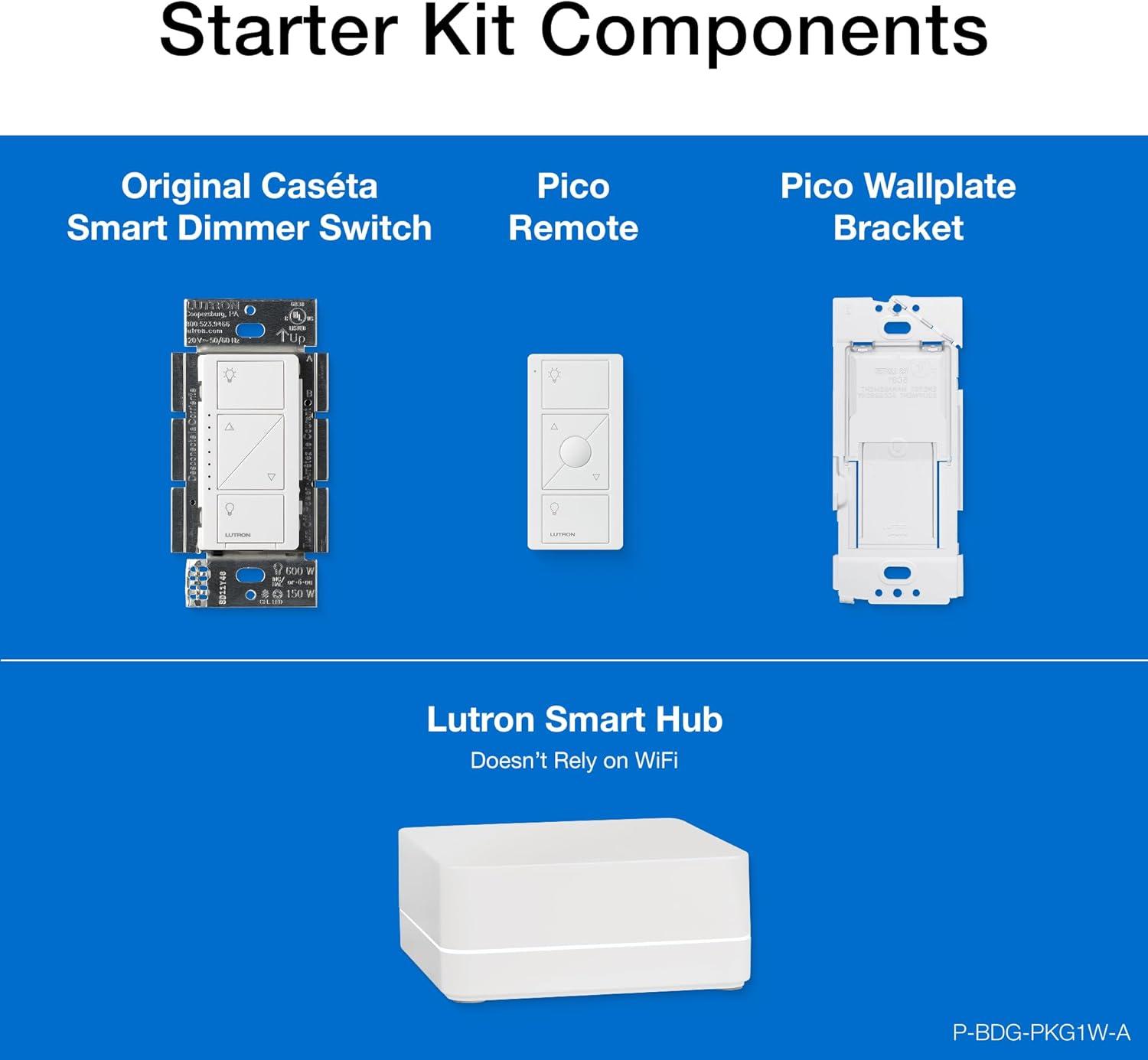 Lutron Caséta Wireless Smart Lighting Dimmer Switch Starter Kit with Caséta Smart Hub and Pico Bracket P-BDG-PKG1W-A