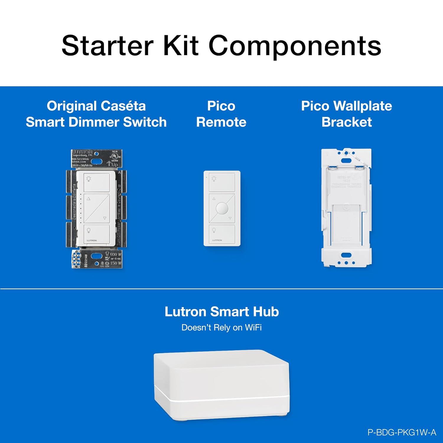 Lutron Caséta Wireless Smart Lighting Dimmer Switch Starter Kit with Caséta Smart Hub and Pico Bracket P-BDG-PKG1W-A