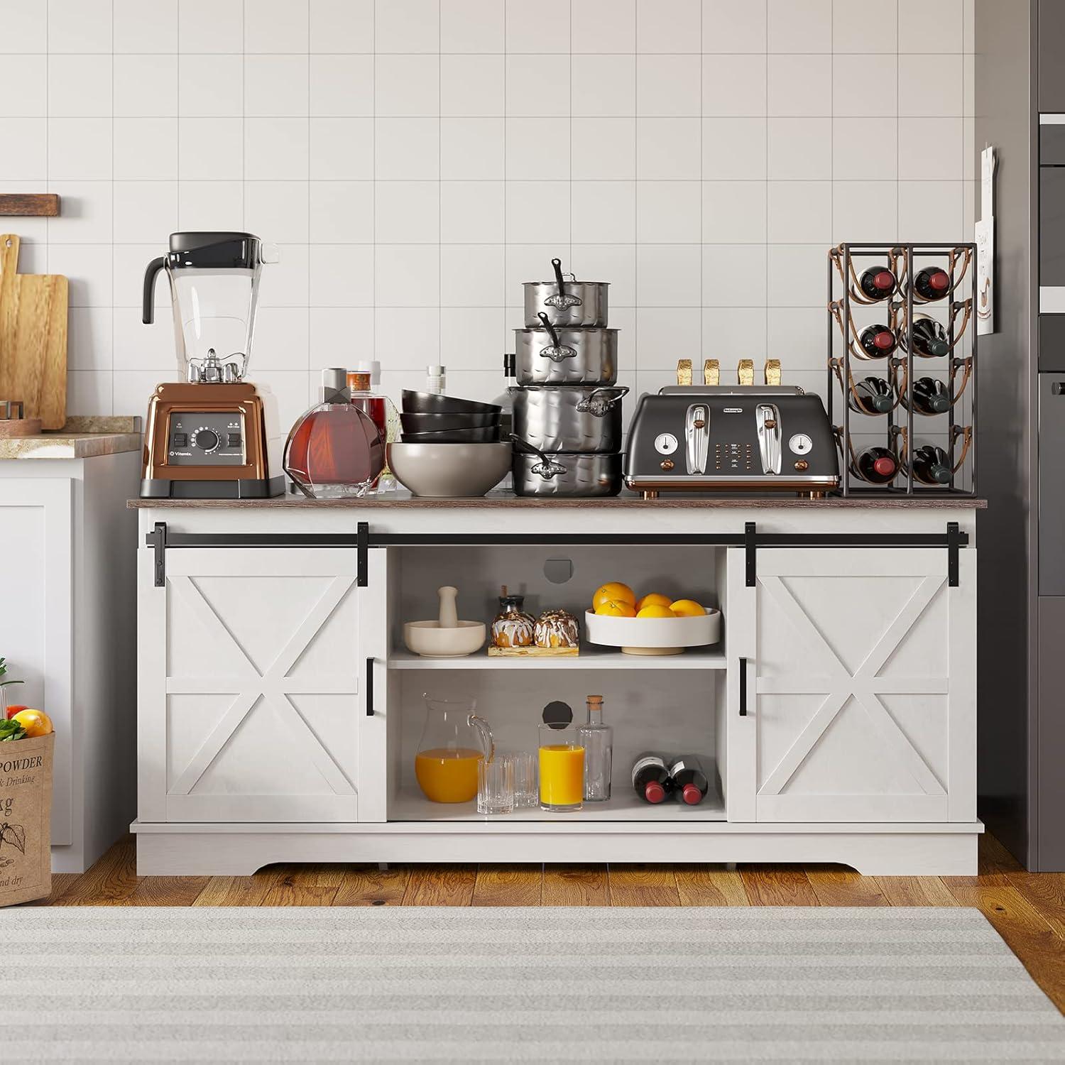 Kitchen Buffet Cabinet, 60“ Farmhouse Sliding Barn Door Coffee Bar Sideboard Buffet Cabinet with Capacity 300 lbs for Home Kitchen Dinning Living Room, Grey White/Grey Wash