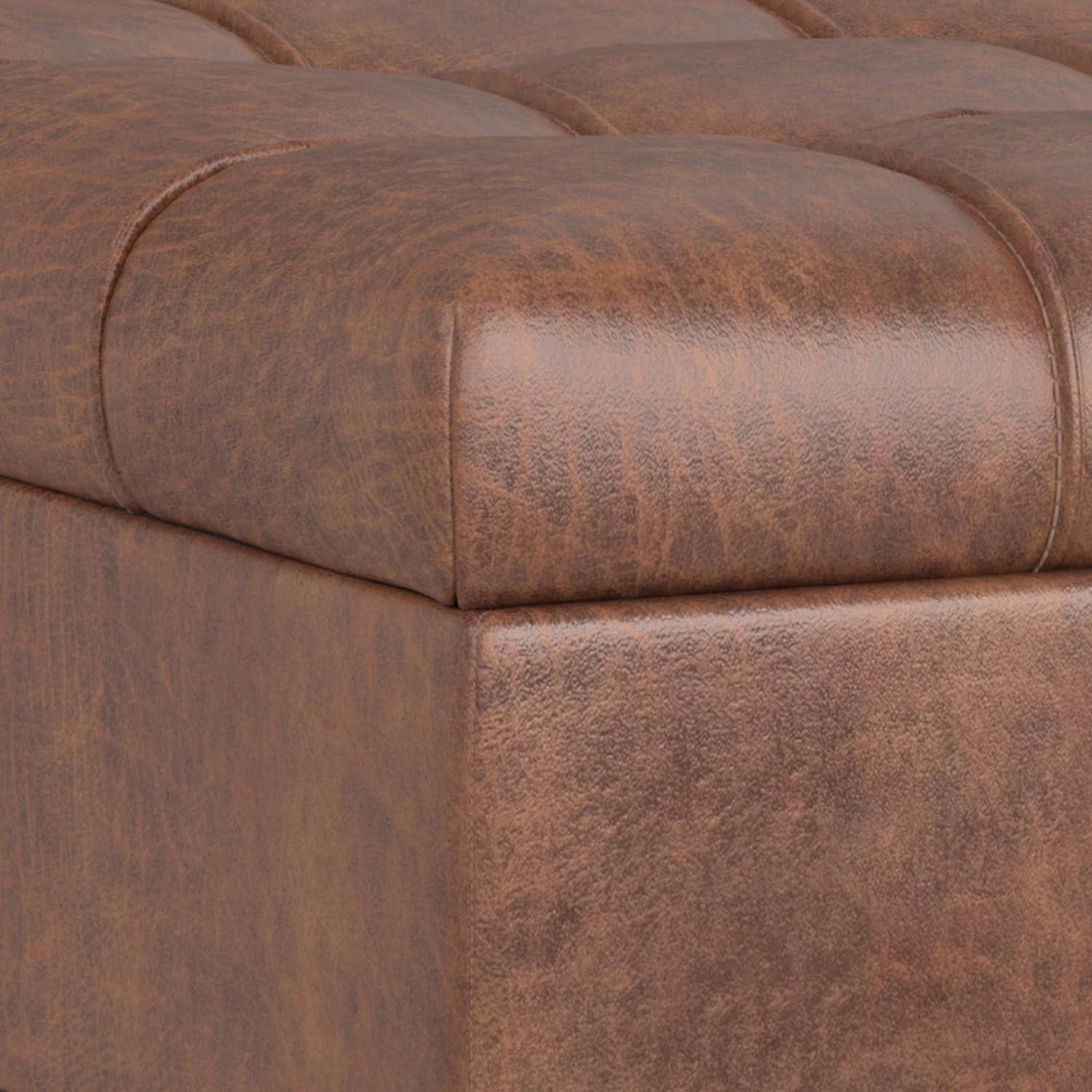 Simpli Home Mariah 34 inch Wide Contemporary Rectangle Coffee Table Storage Ottoman in Distressed Saddle Brown Vegan Faux Leather