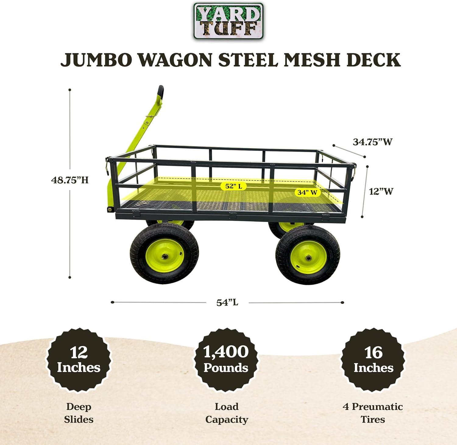 Yard Tuff Jumbo Wagon Heavy Duty Steel Mesh Deck Utility Outdoor Yard Cart, 1400 Capacity Haul with Large Stable Tires, 34 x 52 Inch, Gray/Green