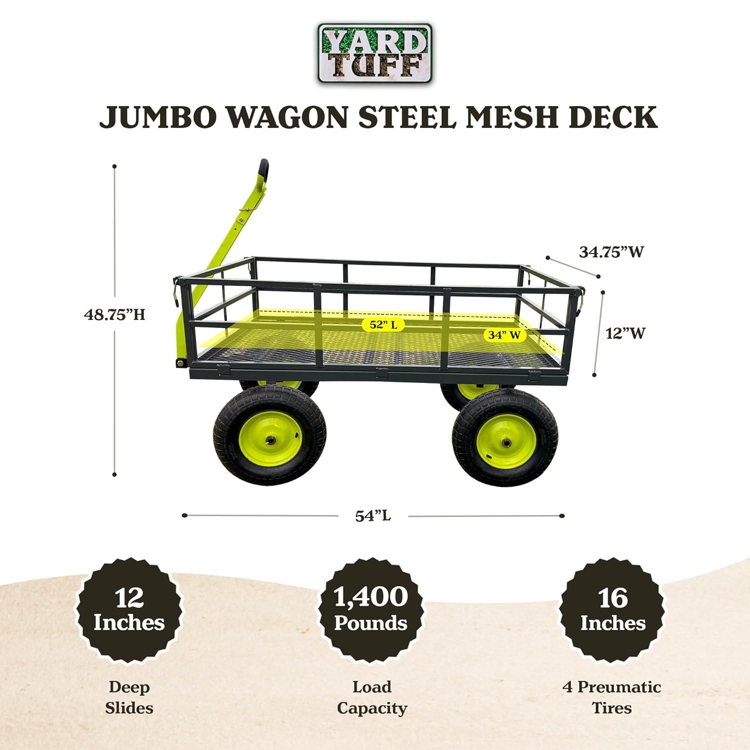 Yard Tuff Jumbo Wagon Heavy Duty Steel Mesh Deck Utility Outdoor Yard Cart, 1400 Capacity Haul with Large Stable Tires, 34 x 52 Inch, Gray/Green