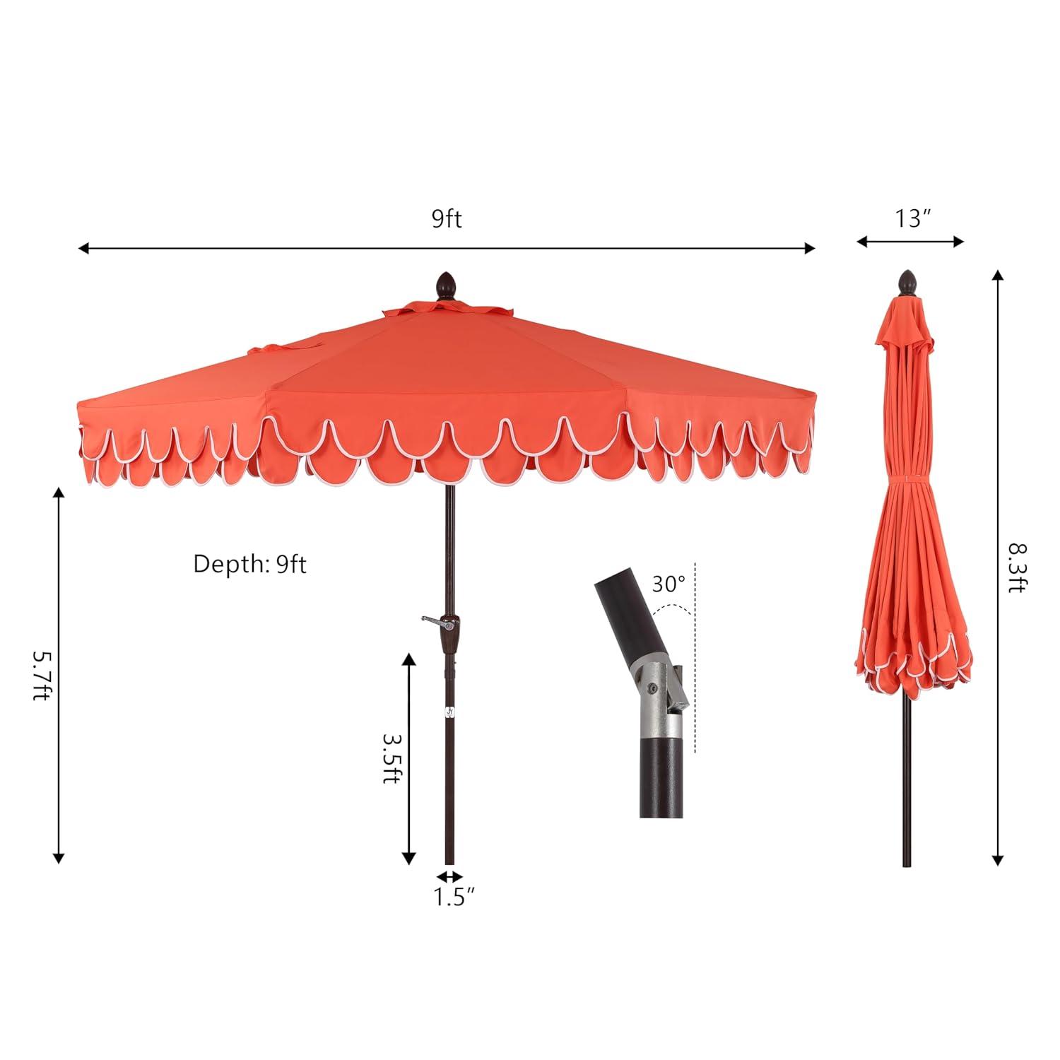 Red Barrel Studio® Beeliar 9 ft. Classic Scalloped Fringe Market Patio Umbrella with Auto-Tilt, Crank, and UV Protection