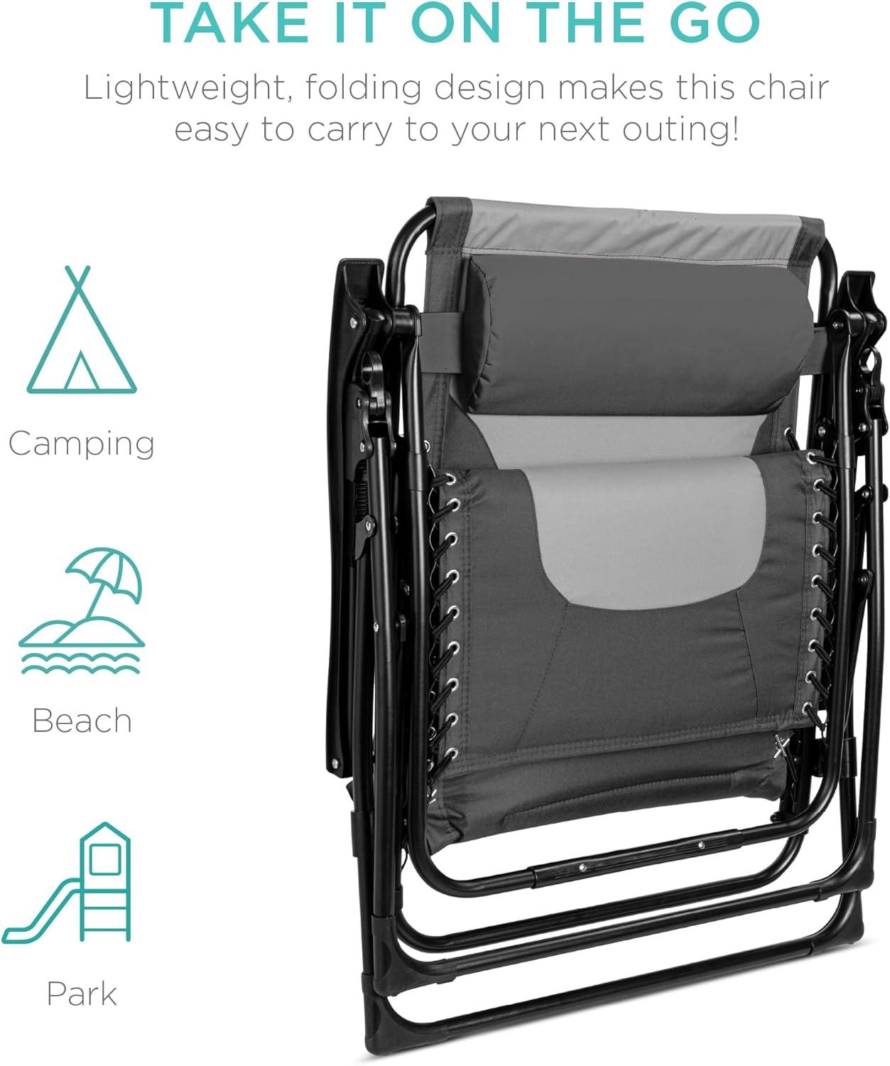 Best Choice Products Oversized Padded Zero Gravity Chair, Folding Outdoor Patio Recliner w/ Side Tray - Gray/Light Gray