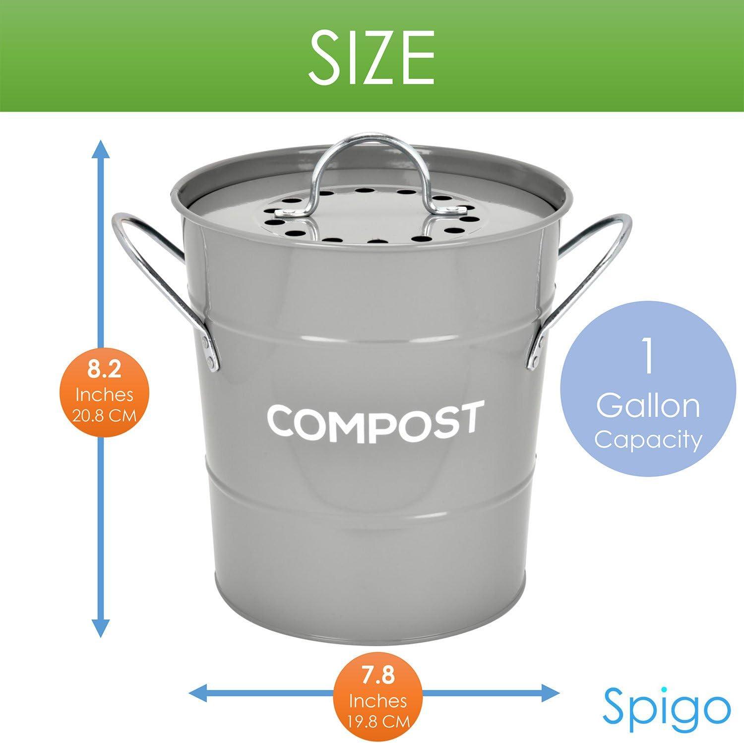 Grey Stainless Steel Kitchen Compost Bin with Charcoal Filter, 1 Gallon