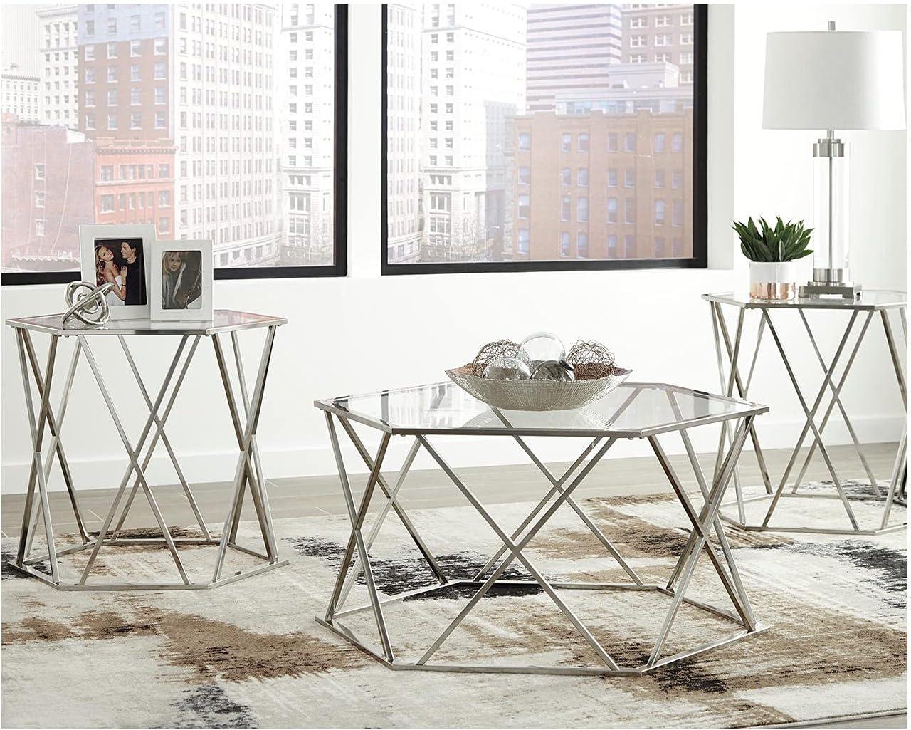 Madanere Hexagonal Chrome and Glass 3-Piece Table Set