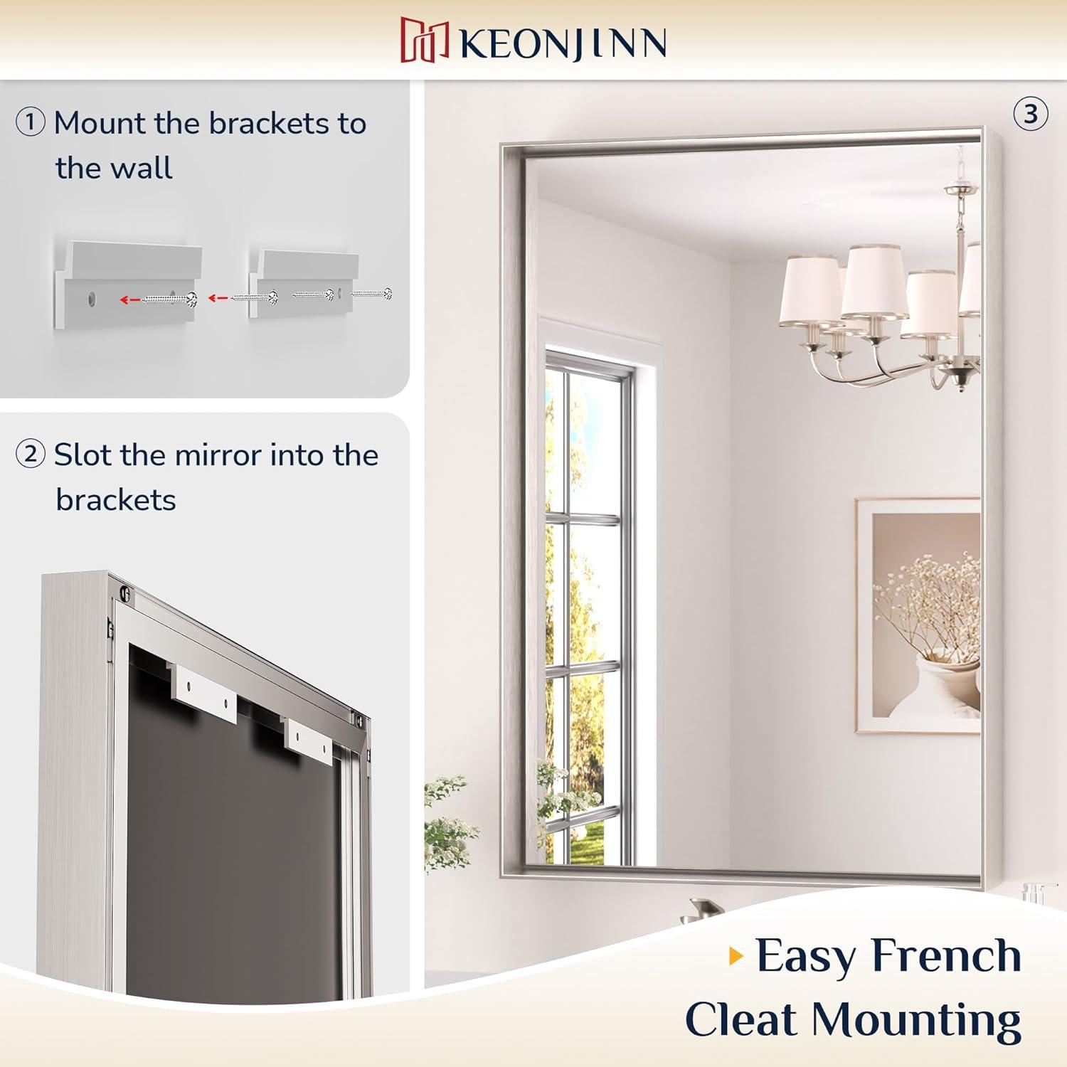 Keonjinn 24 x 32 in Brushed Nickel Bathroom Mirror for Wall, Silver Rectangular Metal Framed Vanity Mirror for Bathroom Sink Square Corner Aluminum Alloy Modern Rectangle Mirror(Horizontal/Vertical)