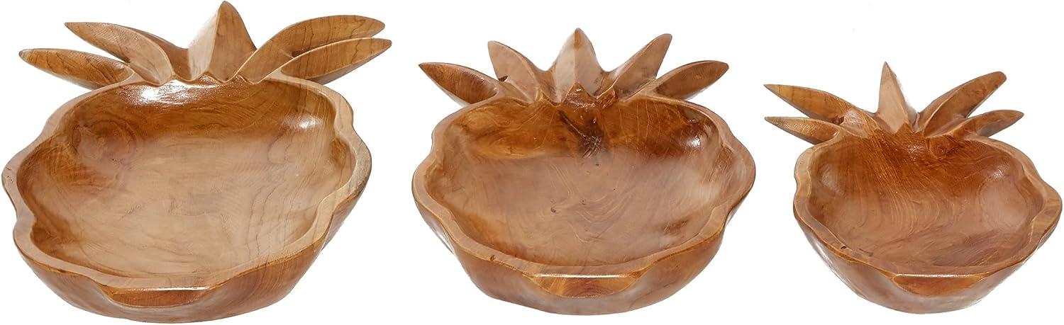 DecMode 7", 10", 11"W Handmade Round Pineapple Fruit Brown Teak Wood Decorative Bowl, Set of 3