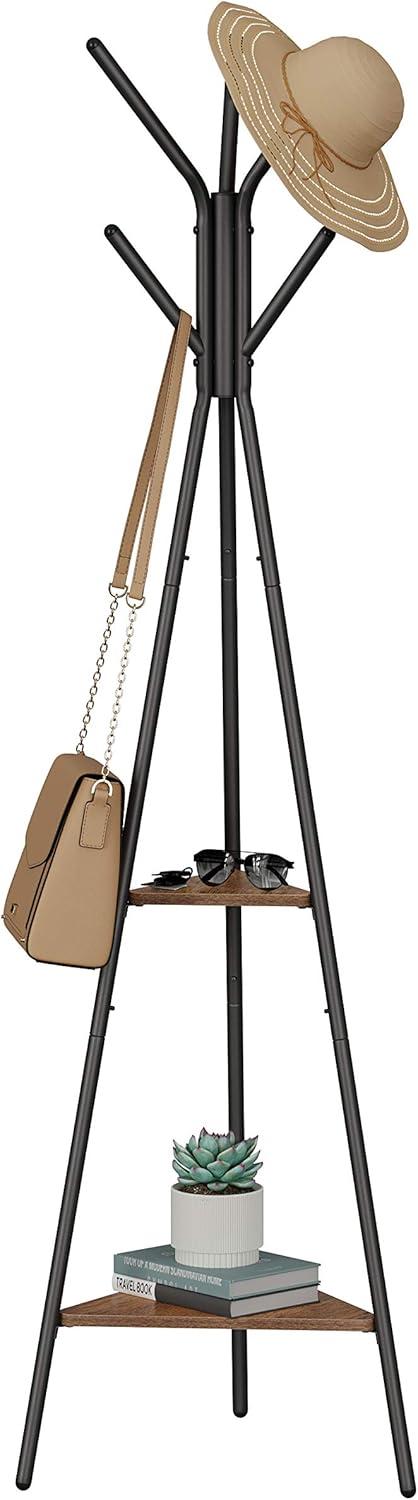 VASAGLE Coat Rack Freestanding Stand Coat Hanger Stand Hall Tree with 2 Shelves for Clothes Hat Bag Industrial Style Brown and Black