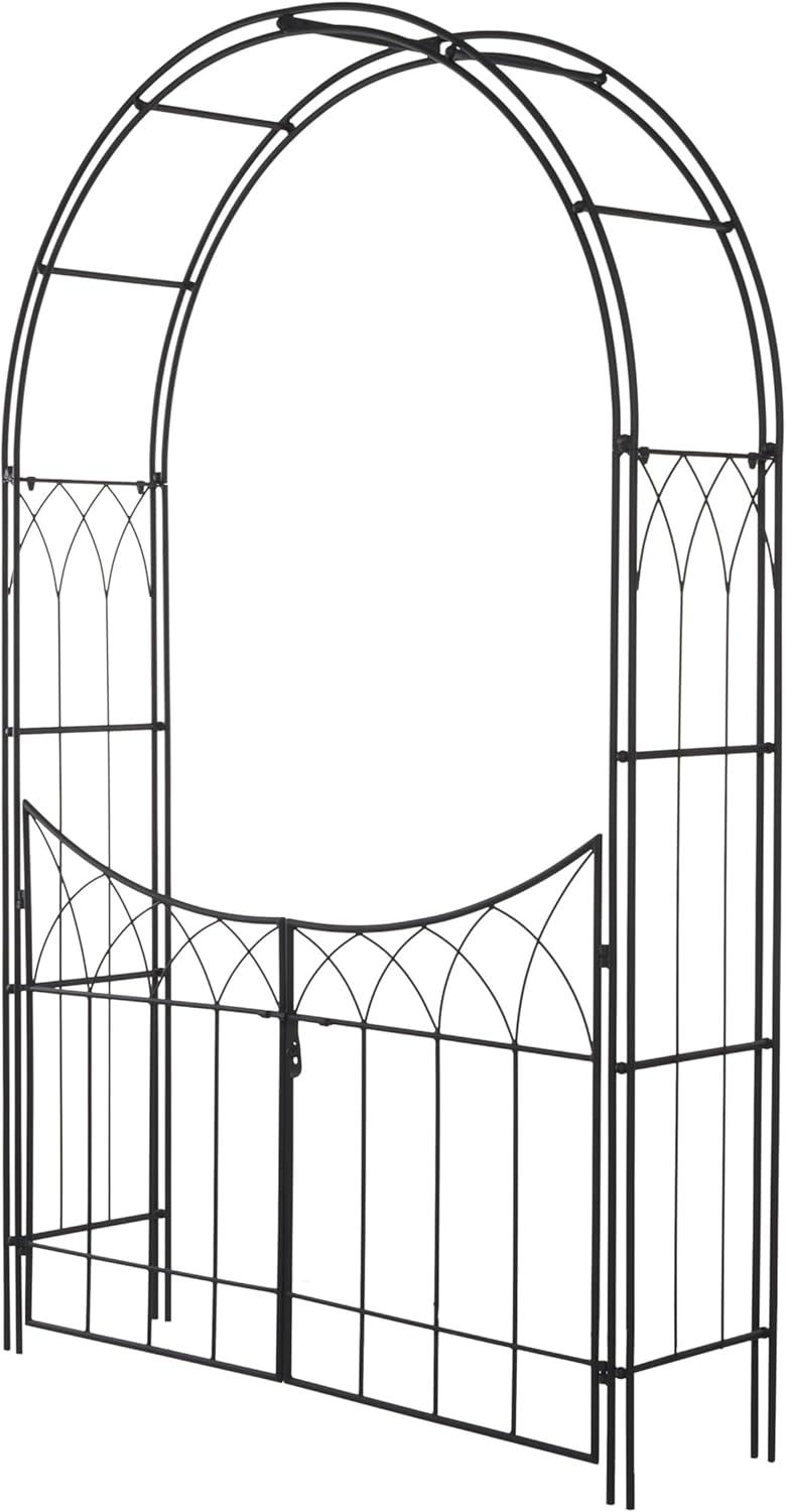 Large Black Matte Iron Arched Garden Arbor with Gate