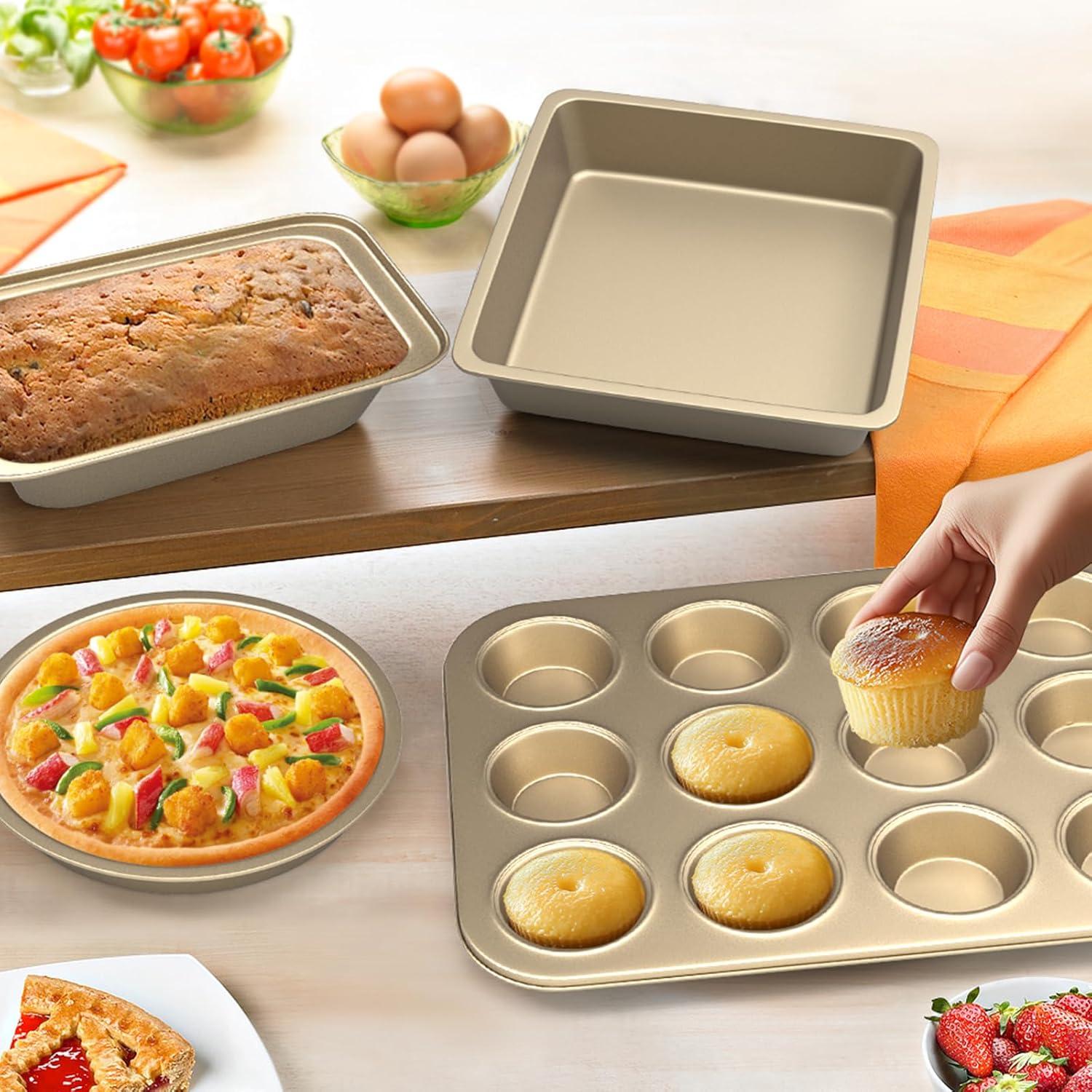 Baking Pans Set, 5-Piece Nonstick Bakeware Sets with Round/Square Cake Pan, Muffin Loaf Roast Pan, Baking Sheets for Oven, Kitchen Cookware Sets Baking Tray Baking Supplies, Gold