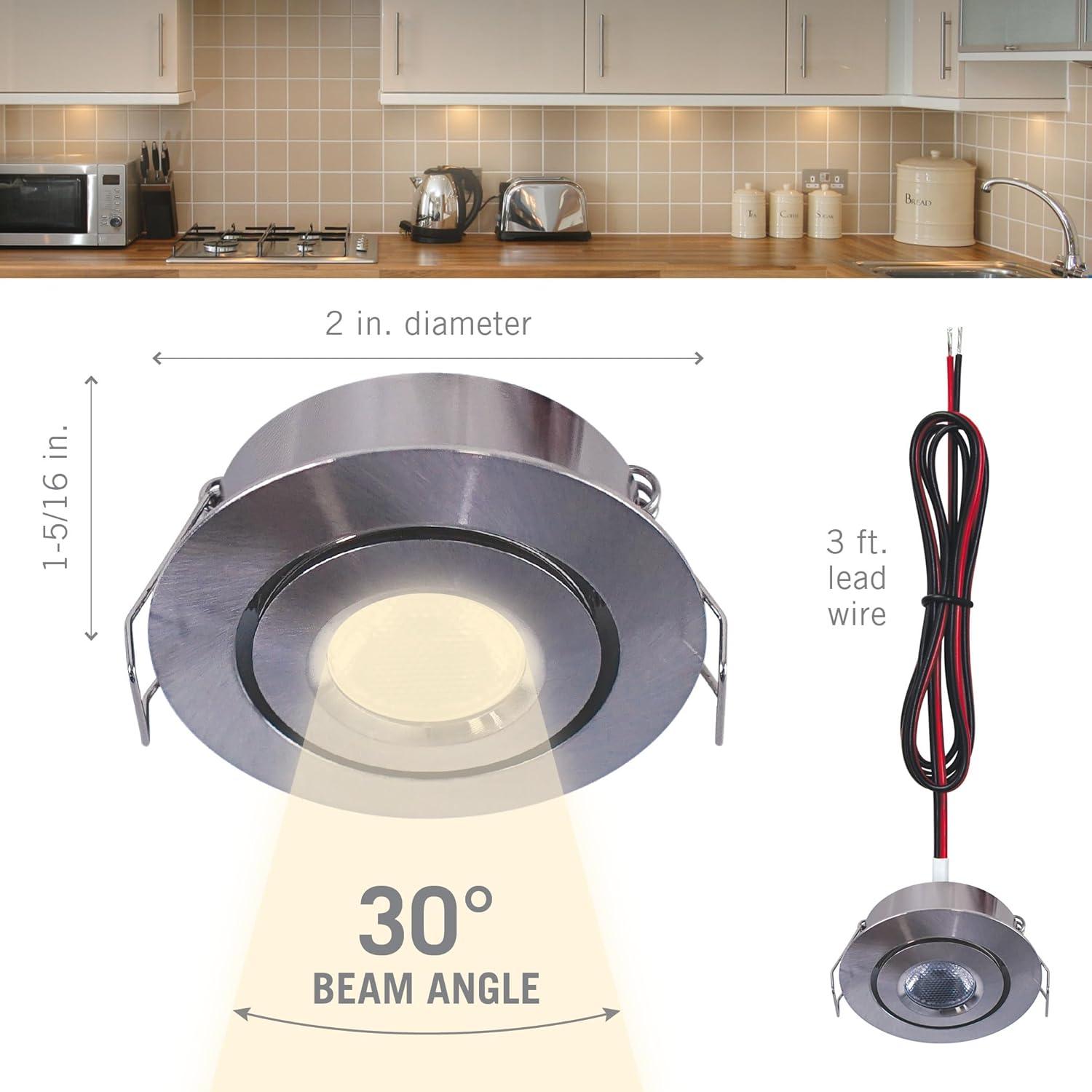 Swivel Recessed Under Cabinet LED Puck Light, 2700K, Brushed Steel Undercabinet Puck Light