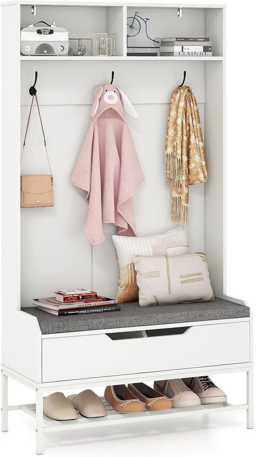 Kadyn Coat Hanger Organizer,Coat Rack, Hall Tree, 69 Inches Tall Hall Tree 4-in-1 Coat Rack with Seat Cushion and Shoe Storage-White