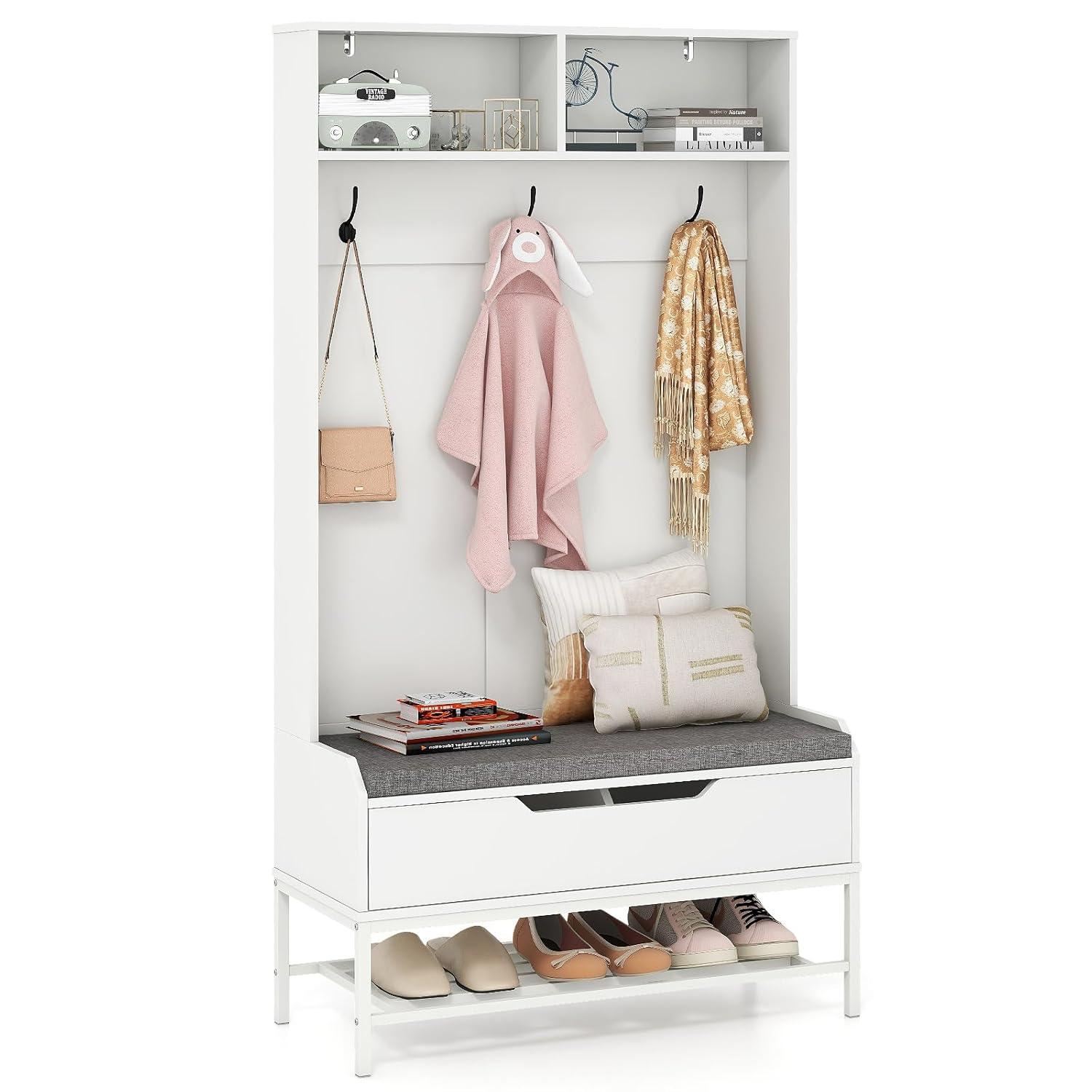 Kadyn Coat Hanger Organizer,Coat Rack, Hall Tree, 69 Inches Tall Hall Tree 4-in-1 Coat Rack with Seat Cushion and Shoe Storage-White