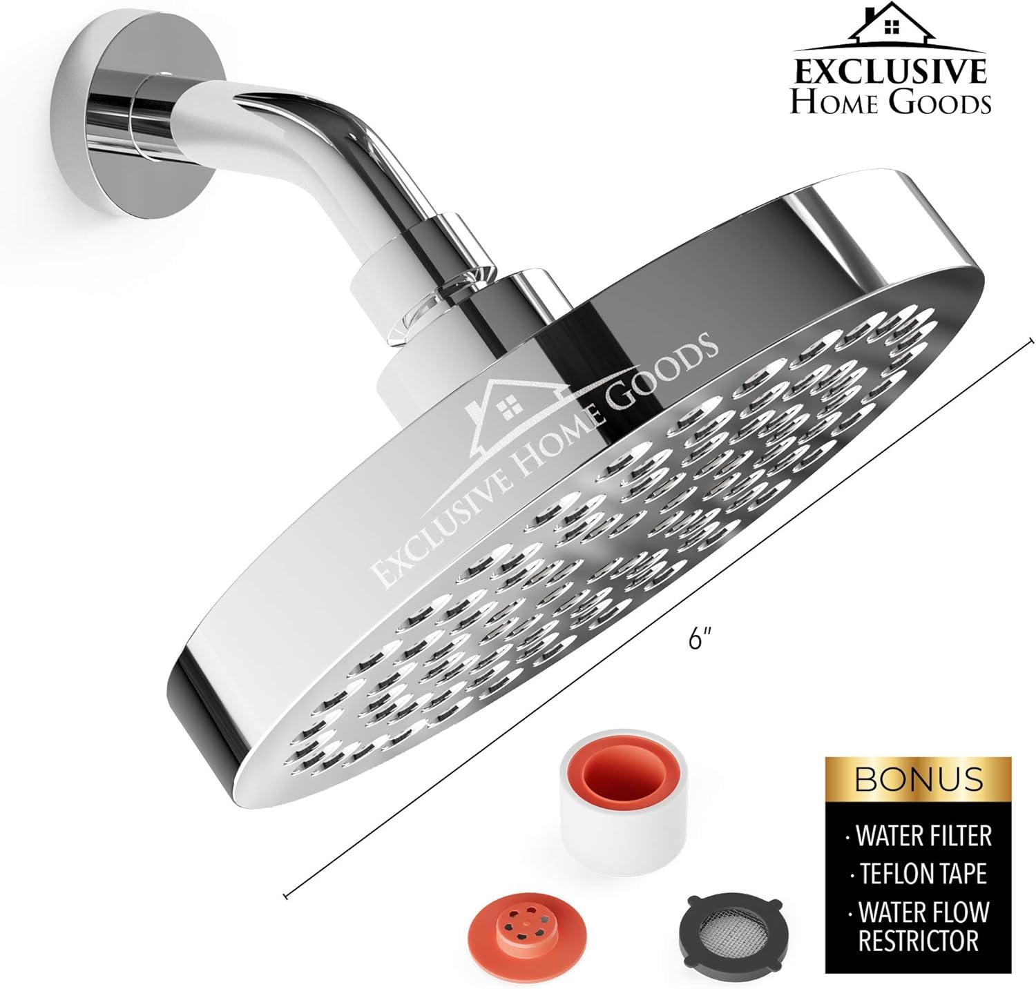 Exclusive Home Goods High Pressure Rainfall Shower Head with 360 Degree Rotation, 6" 2.5 GPM Deluxe Chrome