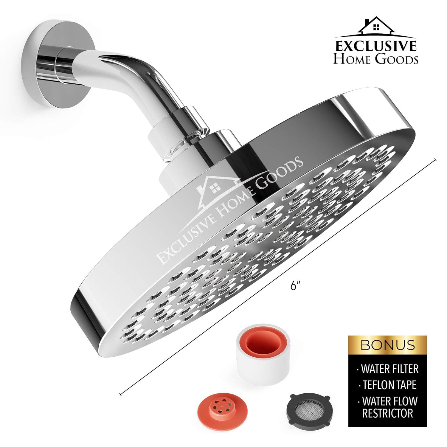Exclusive Home Goods High Pressure Rainfall Shower Head with 360 Degree Rotation, 6" 2.5 GPM Deluxe Chrome