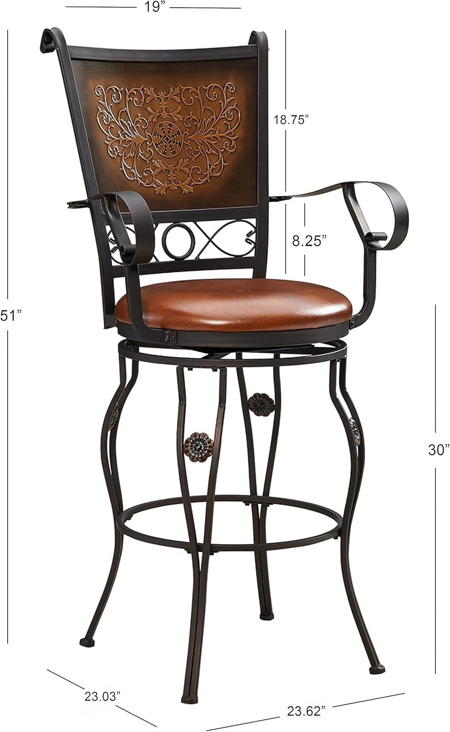 Powell Beatrix Big & Tall 30" High Back Indoor Copper Stamped Round Metal Bar Stool wth Swivel, Bronze/Warm Rust Faux Leather