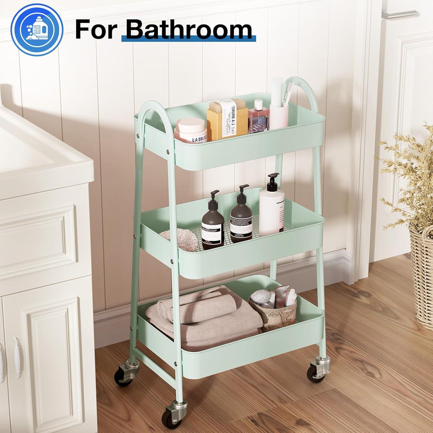 Green Metal 3-Tier Rolling Utility Cart with Lockable Wheels