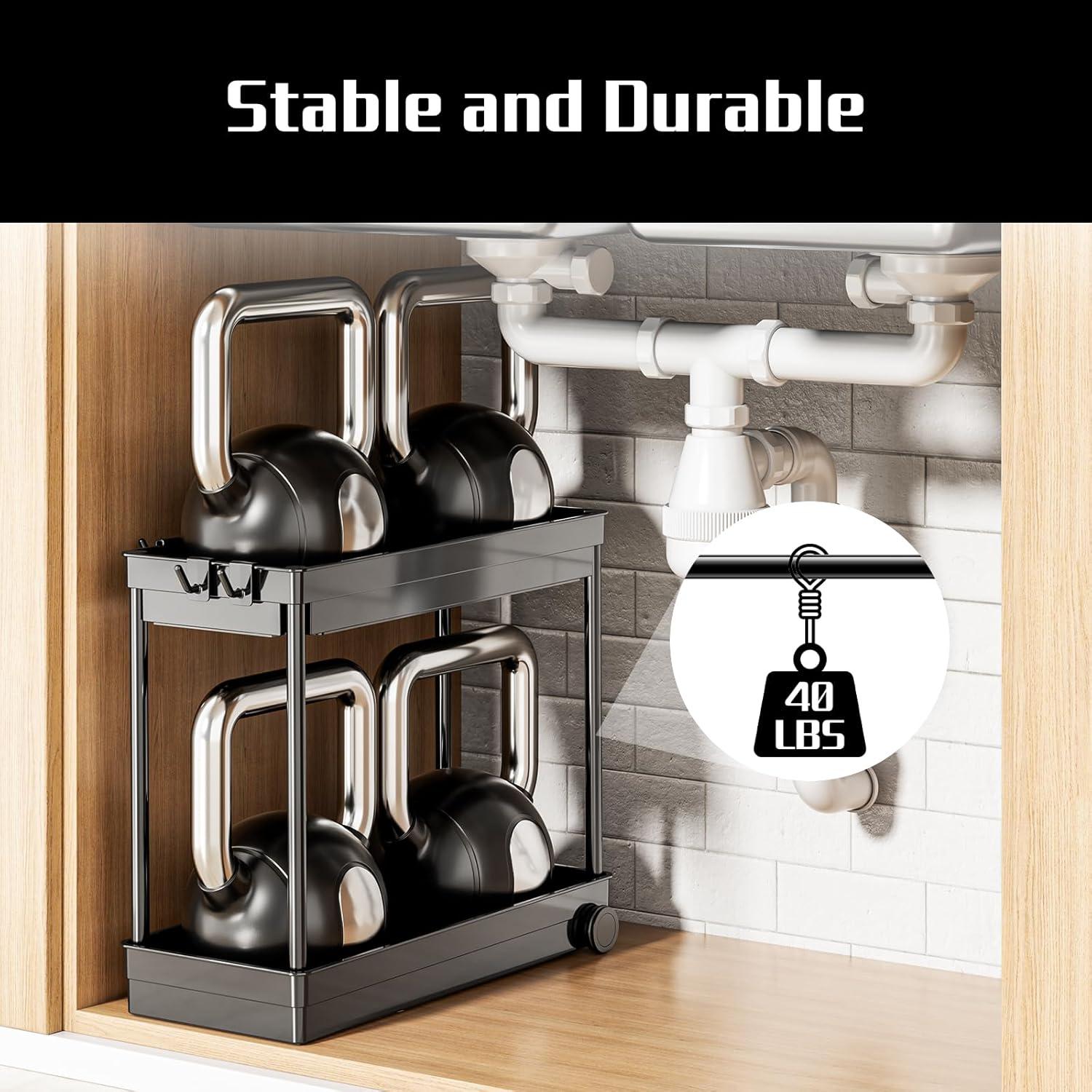 2 Pack Under Sink Organizer, 2 Tier Bathroom Cabinet Organizers and Storage with Hook, Multi-purpose Storage Basket Shelf for Kitchen, Black