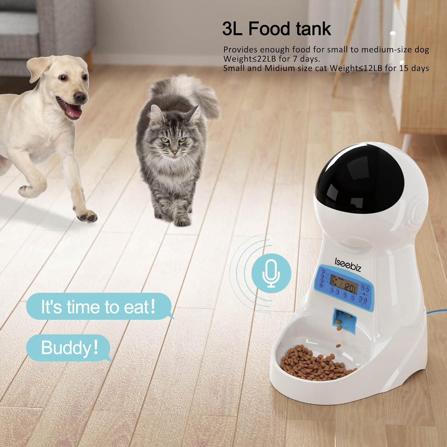 White and Black Automatic Cat Feeder with Voice Recorder