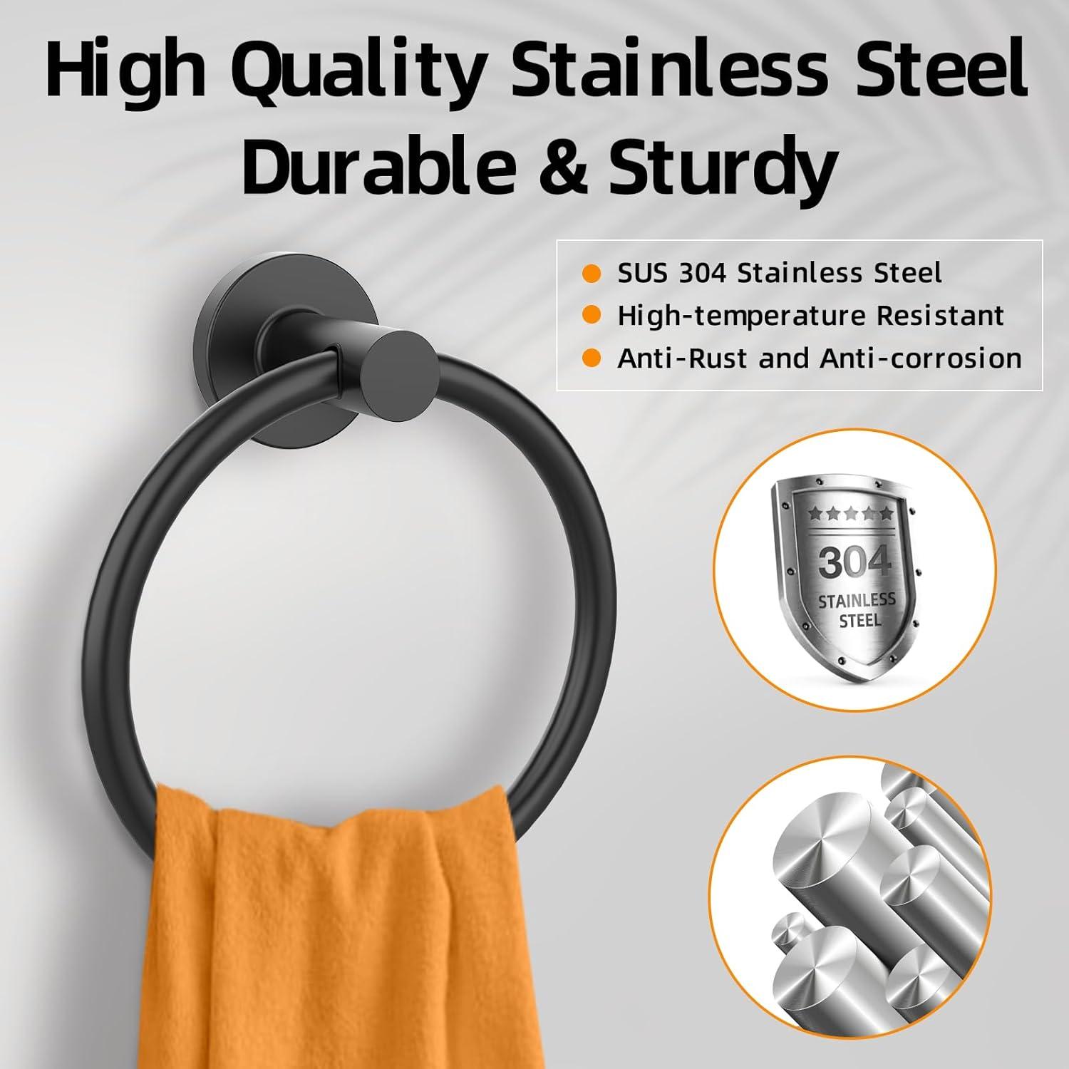 Stainless Steel Towel Ring Set of 2, Rust-Resistant Sus304, Perfect for Bathroom, Kitchen, Living Room, Matte Black Finish