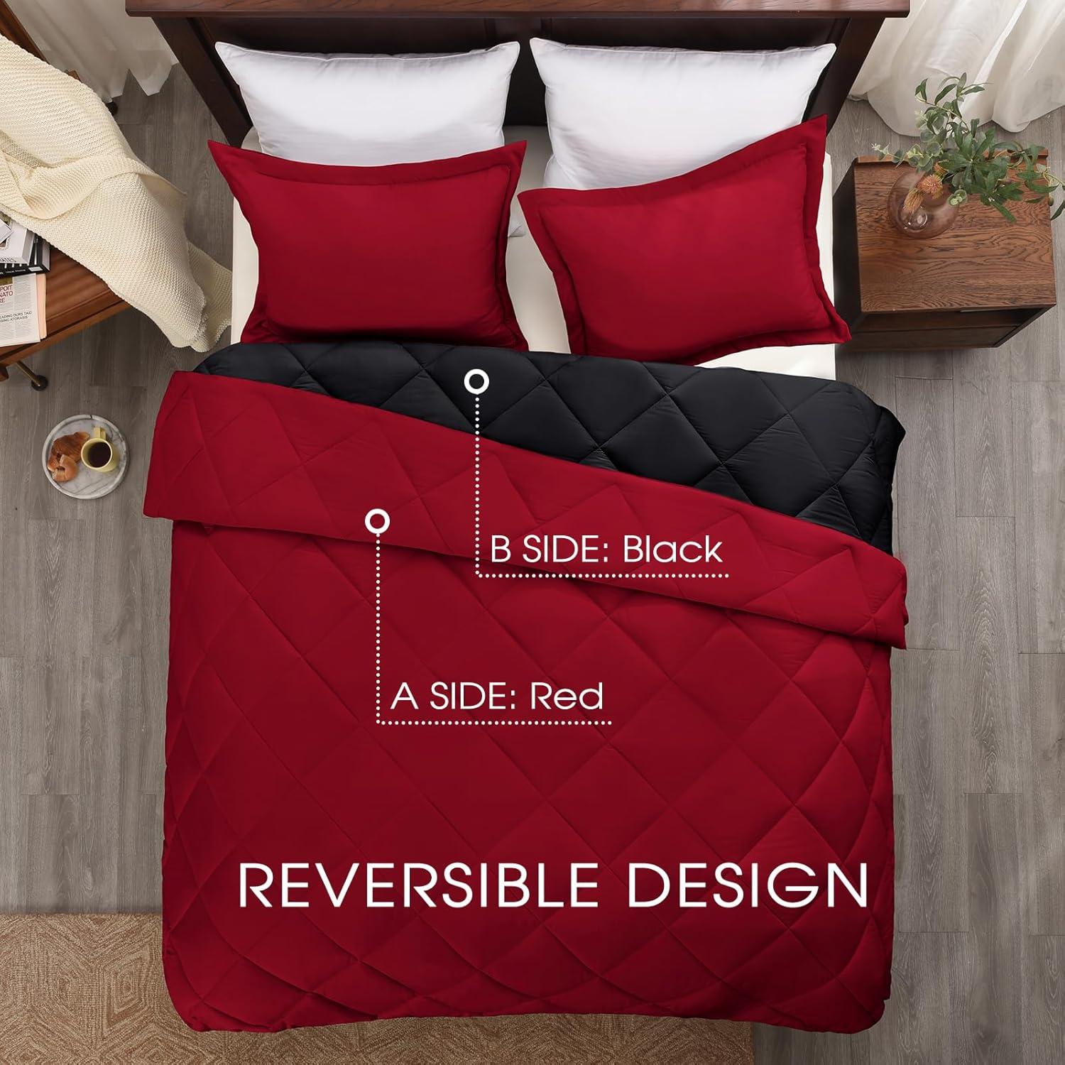 Basic Beyond Down Alternative Comforter Set (Queen, Black/Red) - Reversible Bed Comforter with 2 Pillow Shams for All Seasons