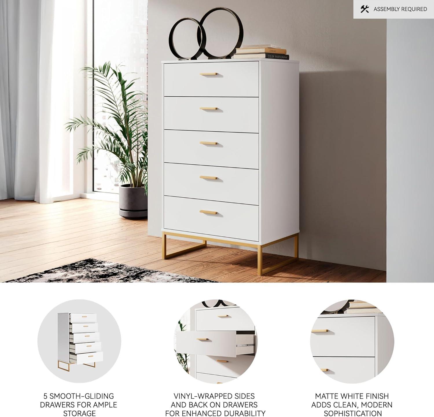 Signature Design by Ashley Socalle 5 Drawer Tall Dresser, White/Gold