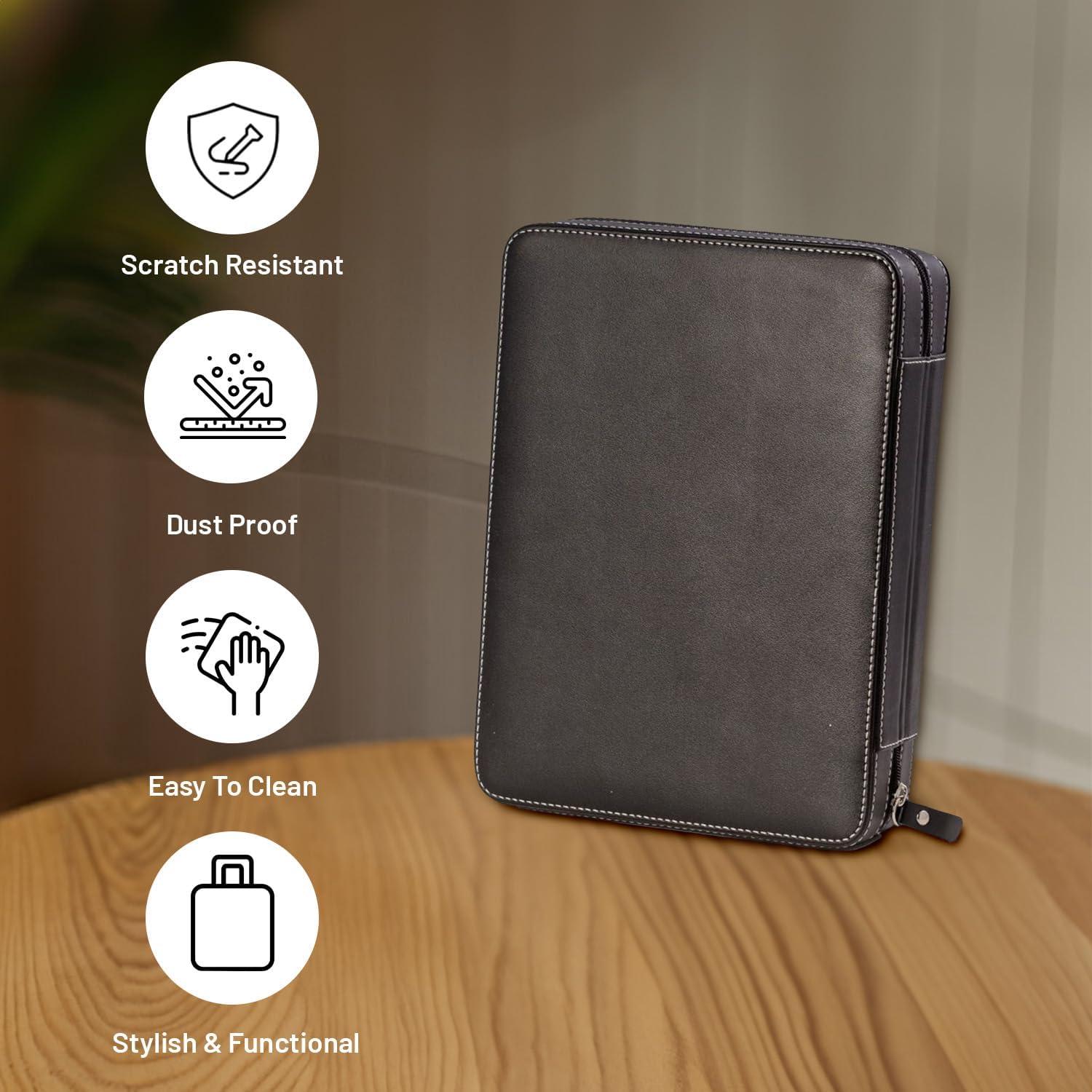 Black Leather Two Watch and Two Sunglass Travel Case with Form Fit Compartments with Zipper Closure.