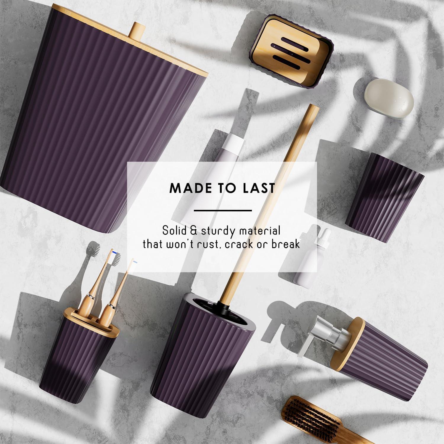 Clara Clark Bathroom Set - Purple Bathroom Accessories Set, 6PC Bathroom Accessory Set, Bathroom Sets with Toilet Brush, Trash Can & Soap Dispenser