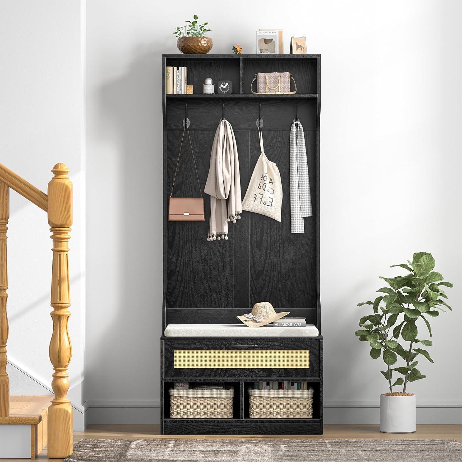 Anmytek Hall Tree with Bench and Shoe Storage, Entryway Coat Rack with 6 Compartments 4 Hooks & Rattan Door, Shoe Storage Bench with Soft Cushion for Hallway, Living Room, Mudroom