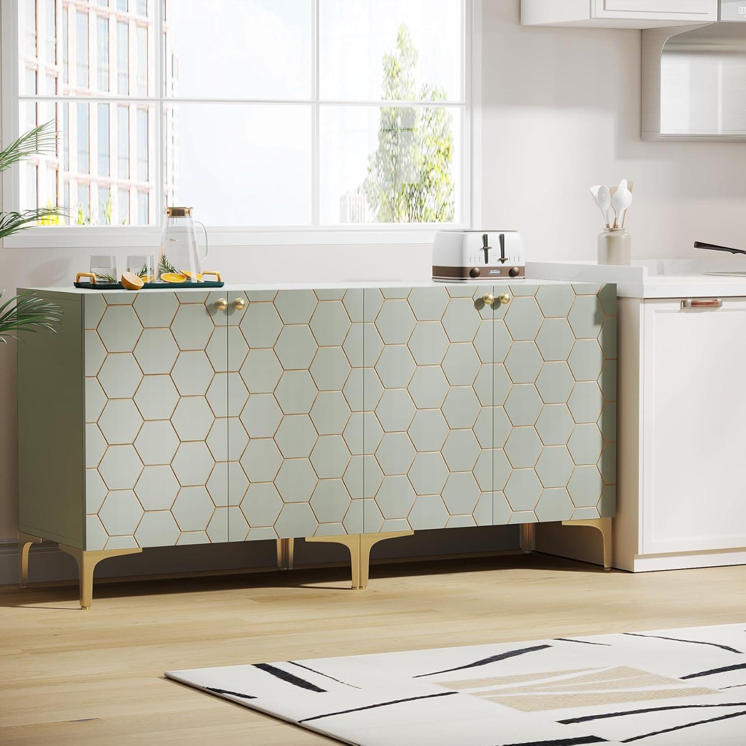 Tribesigns Sideboard Buffet Cabinet Set of 2, Modern Buffets Storage Cabinets with Adjustable Shelves, Wooden Credenza Accent Cabinet for Kitchen, Living Room, Entryway (Light Green)