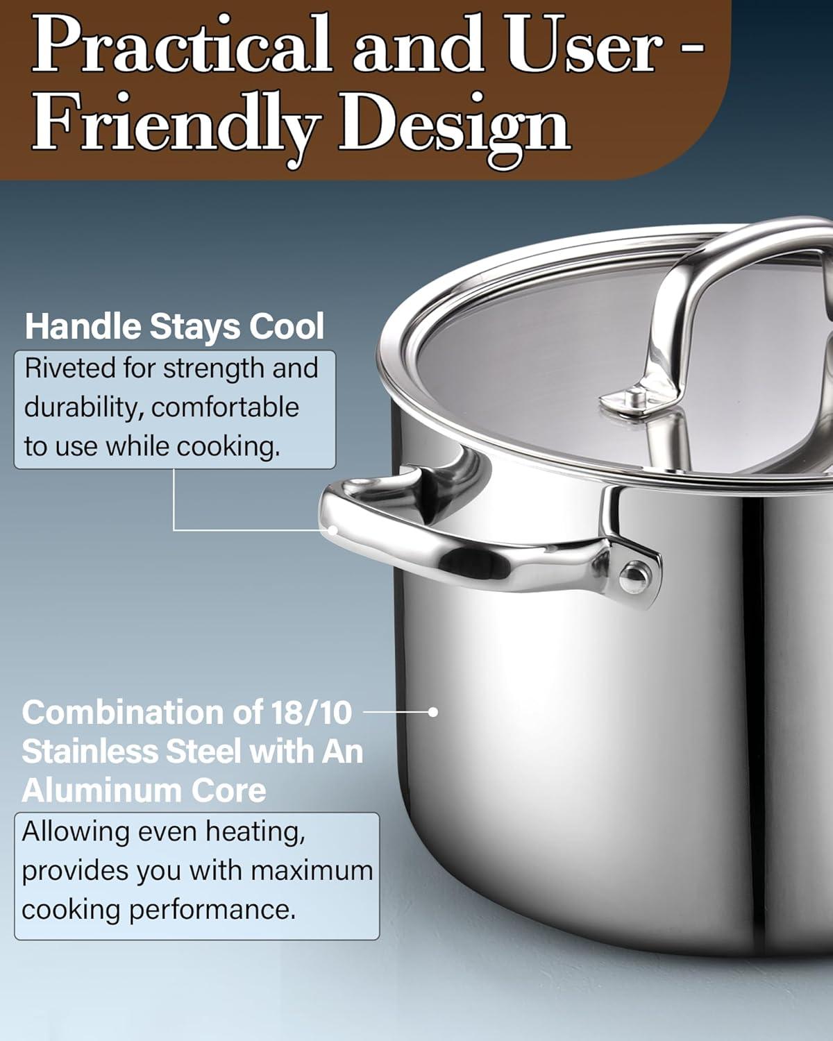 Cook N Home Stainless Steel Stockpot with Lid 6 Quart, Tri-Ply Clad Soup Pot, Induction Cooking pot, Silver